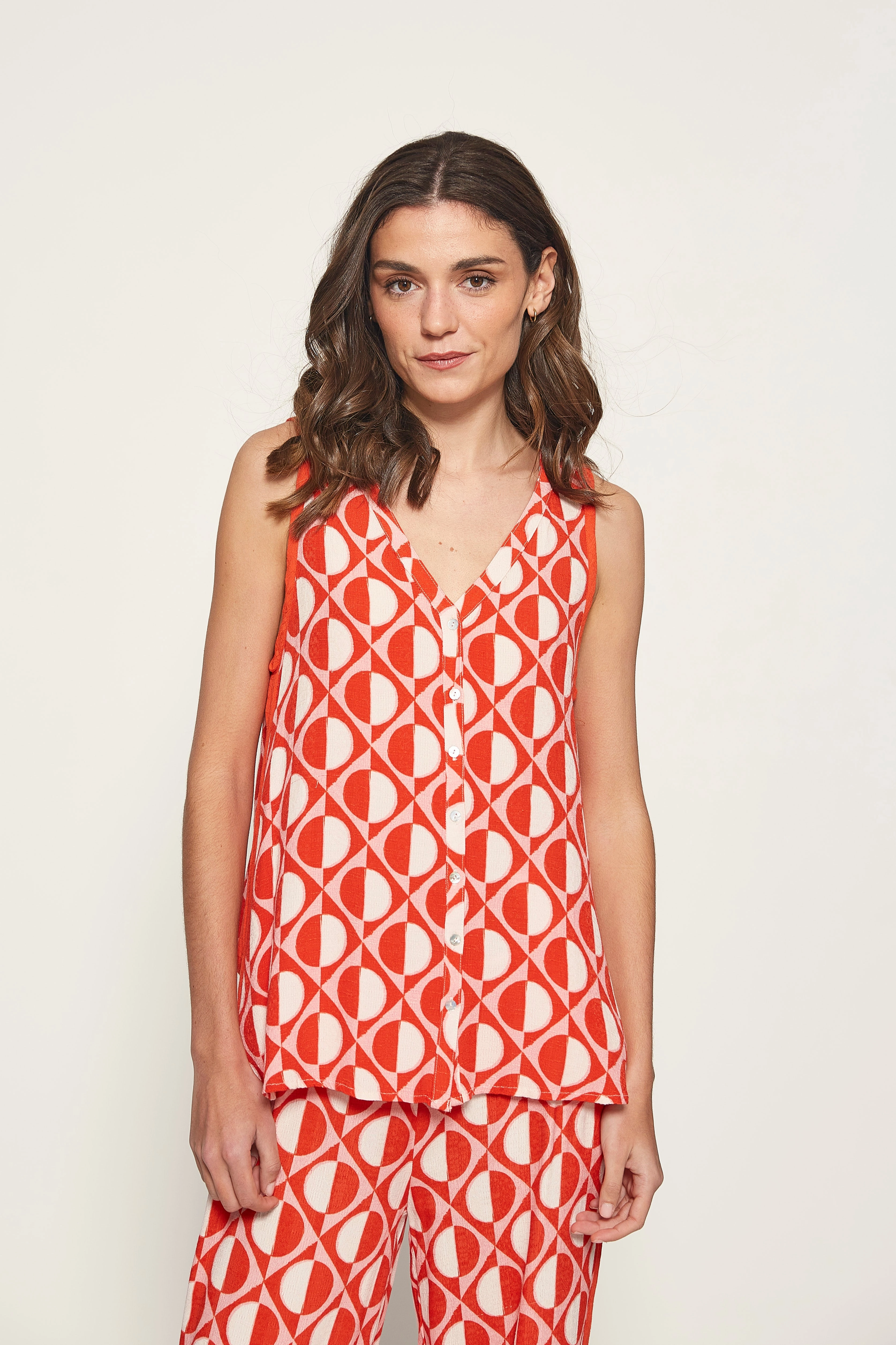 Temperature control Layered Neckline Details 26272319 Geometric Print Top - Fire Geo