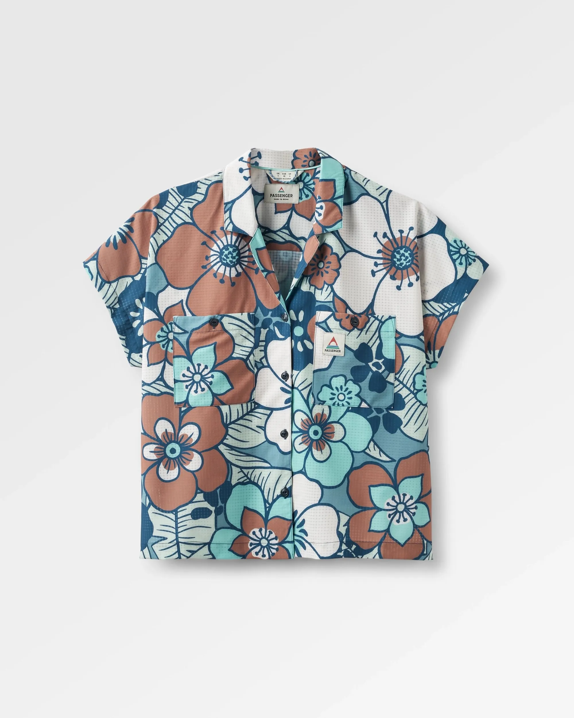 365 Recycled Active Boxy Shirt - Vintage Floral Aqua Formal Elegance Bamboo Fiber Blend