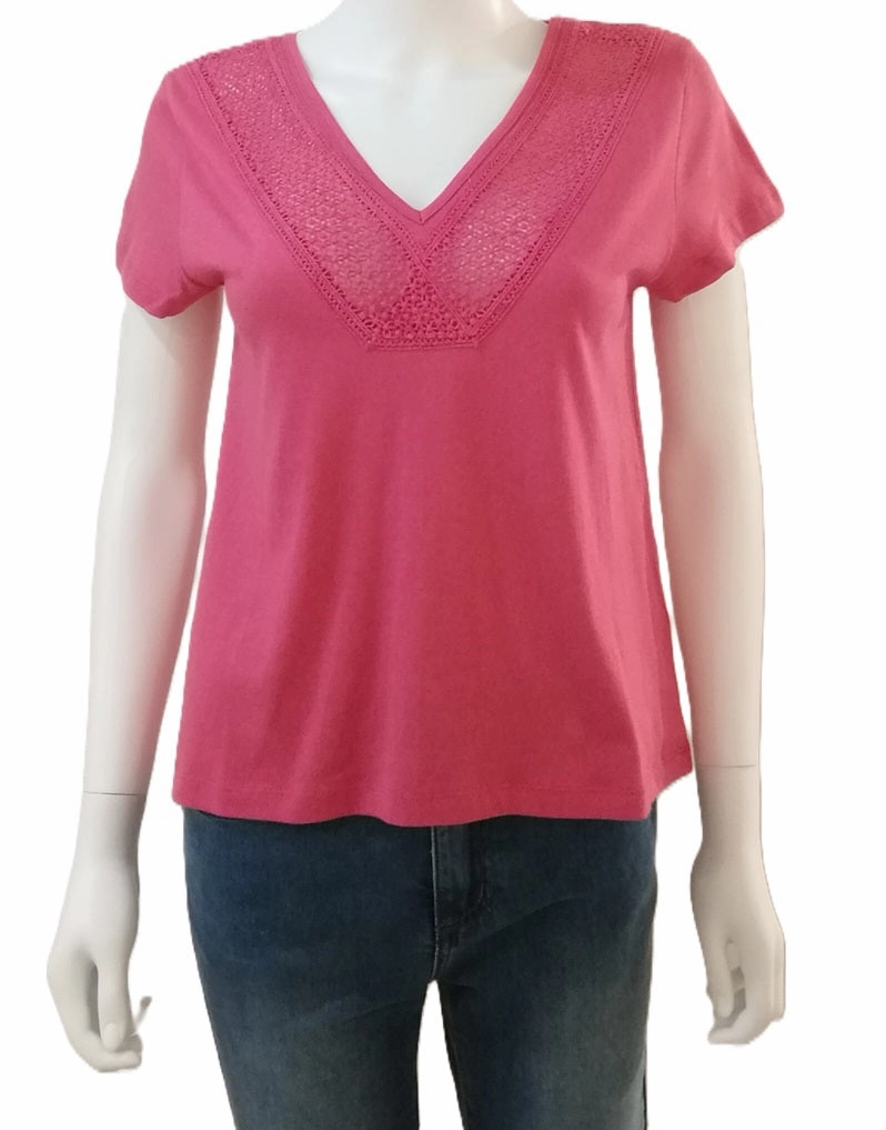 Loose Sweater Durable Reinforced Hem 84275914 V-Neck T-Shirt - Fuchsia