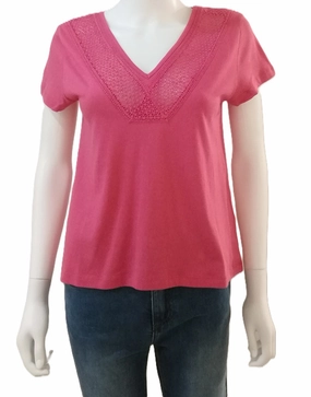 Loose Sweater Durable Reinforced Hem 84275914 V-Neck T-Shirt - Fuchsia