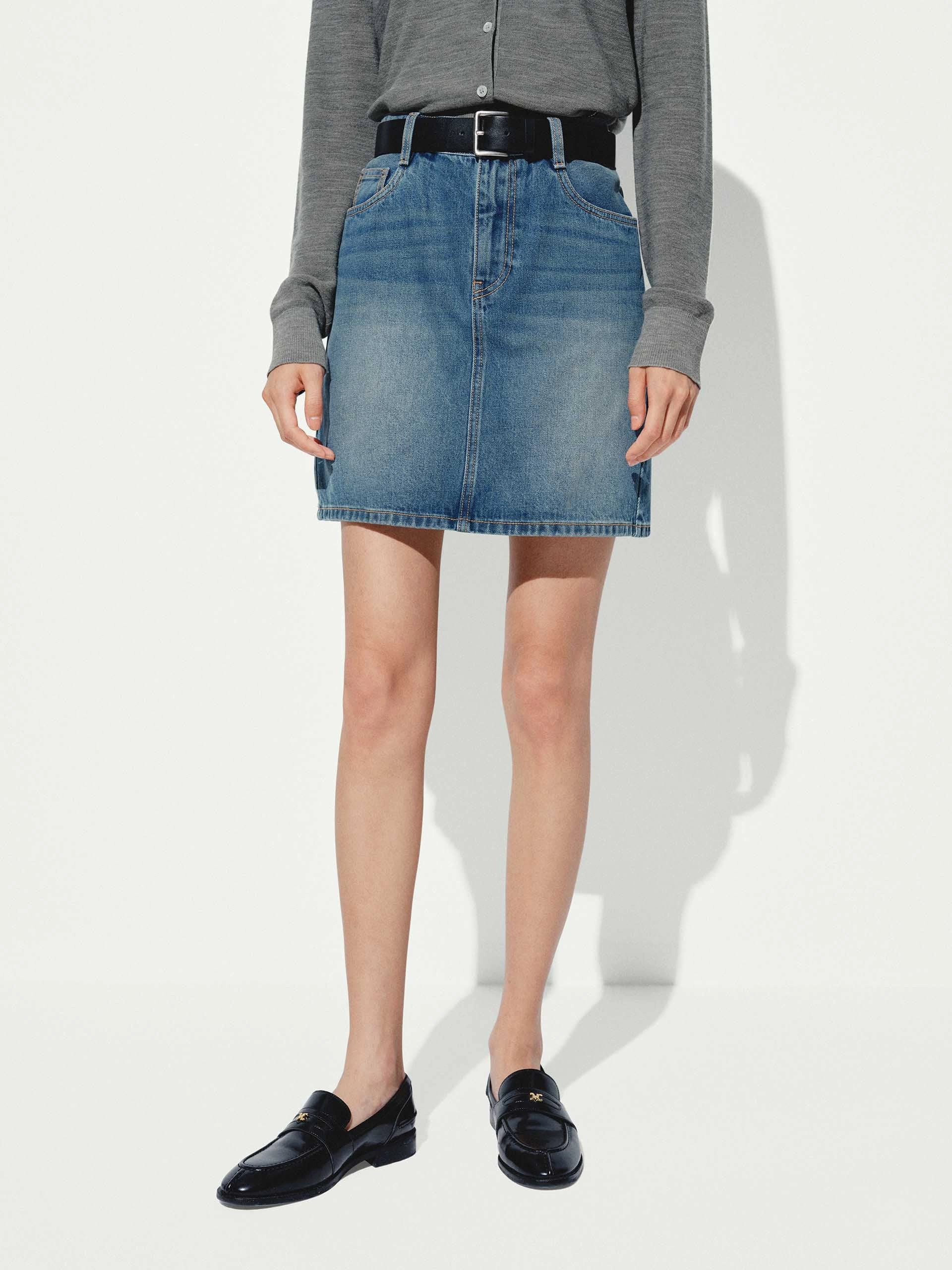 A-Line Denim Mini Skirt Luxury Finish Pull On Style