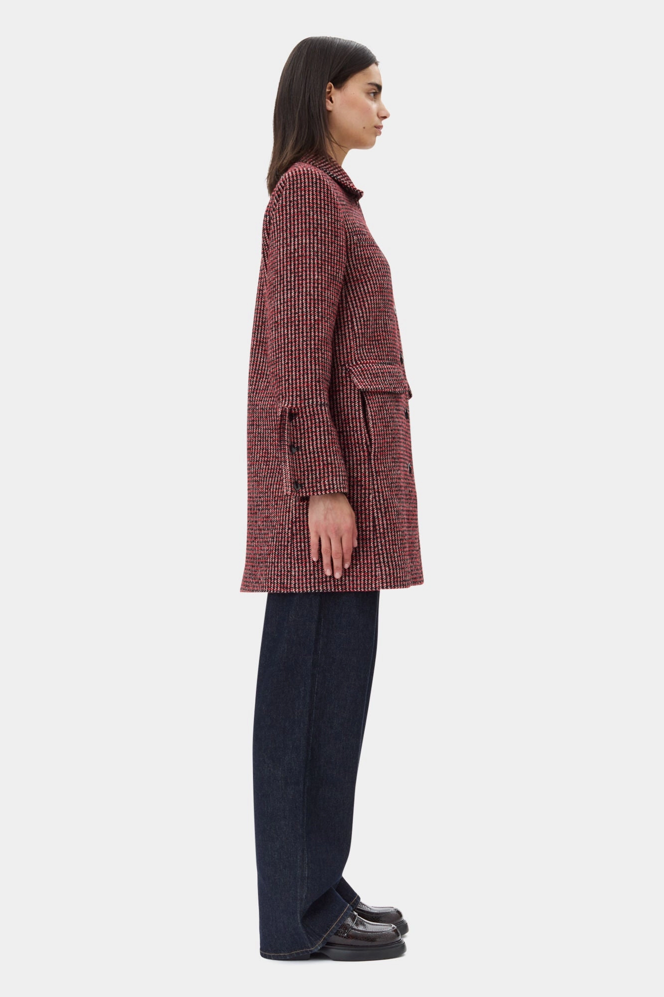 Recycled Material GANNI W0031 Woolen Check Midi Jacket in Racing Red
