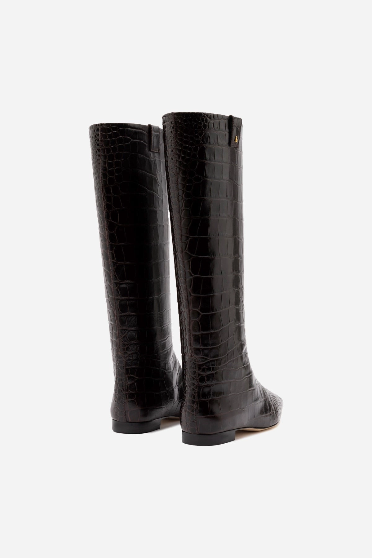 Mid Length Tiger Mark Alexis Flat Boot In Brown Croc Leather