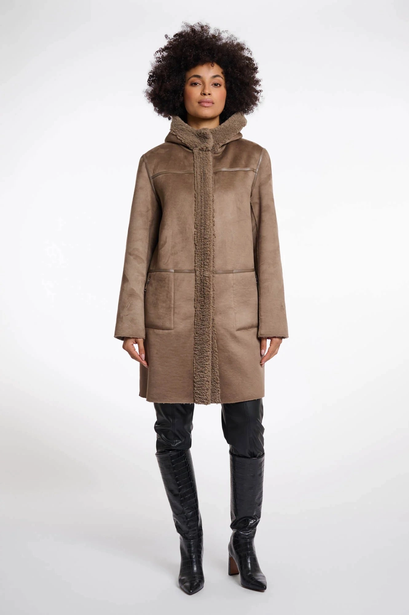 Rino & Pelle Alina Reversible Hooded Coat in Toffee Non Restrictive Cut Zippered Closures