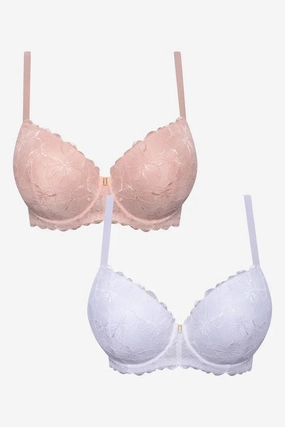 Body Hugging Contour Plus Size 2 Pack Lace Balconette Bra Natural And White