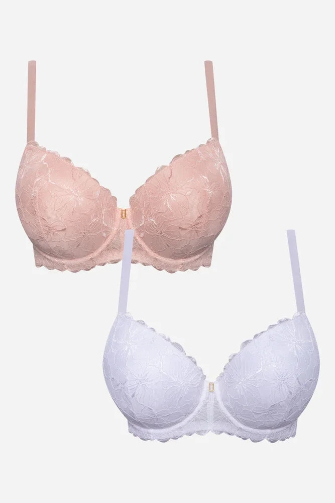 Secure Hold Plus Size 2 Pack Lace Balconette Bra Natural And White