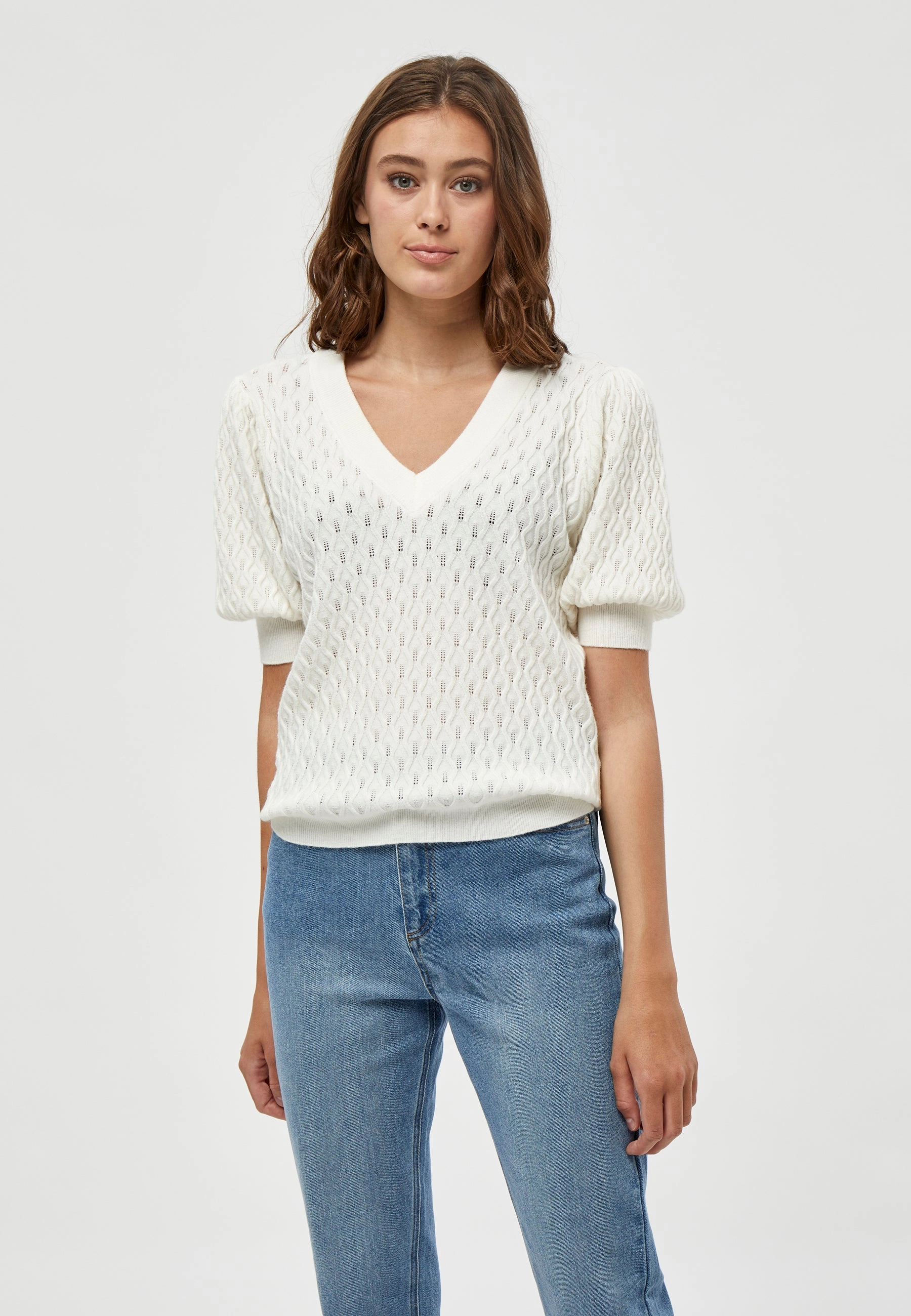 Non Irritating Seams PC1718 Rosalia Puff Sleeve Pointelle Sweater - Cloud Dancer