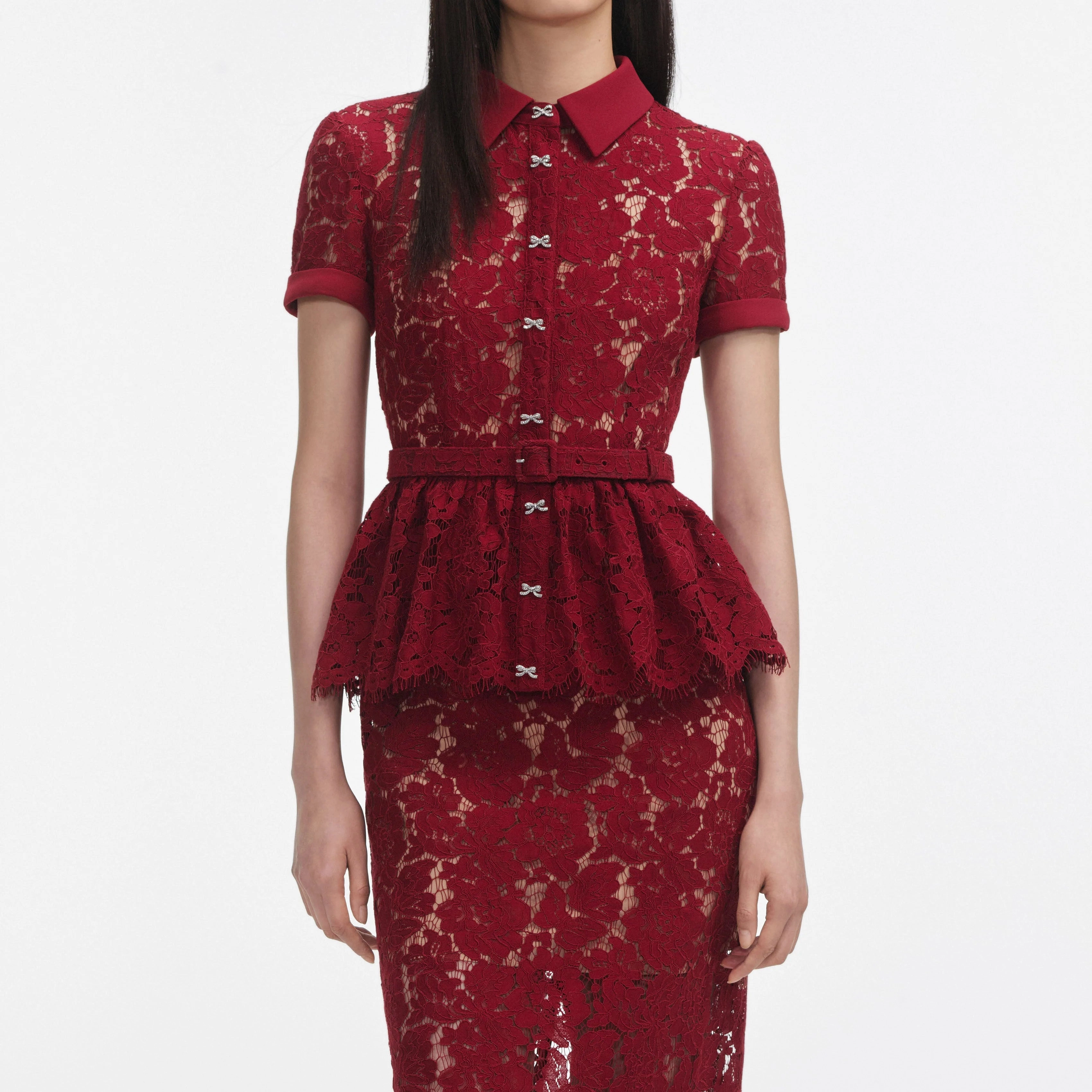 Self Portrait 006 Lace Peplum Dress Midi Dress in Burgundy Sophisticated Style