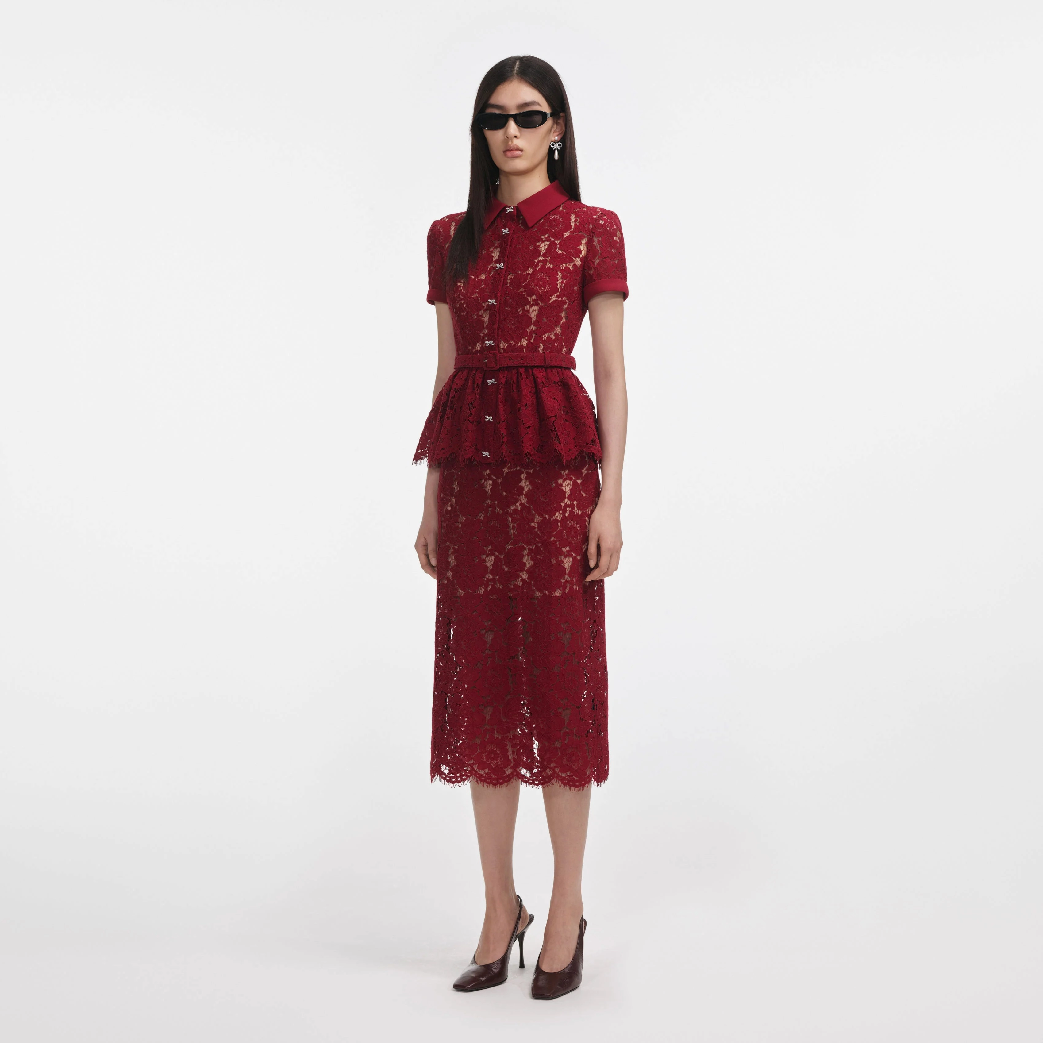 Feel Good Self Portrait 006 Lace Peplum Dress Midi Dress in Burgundy