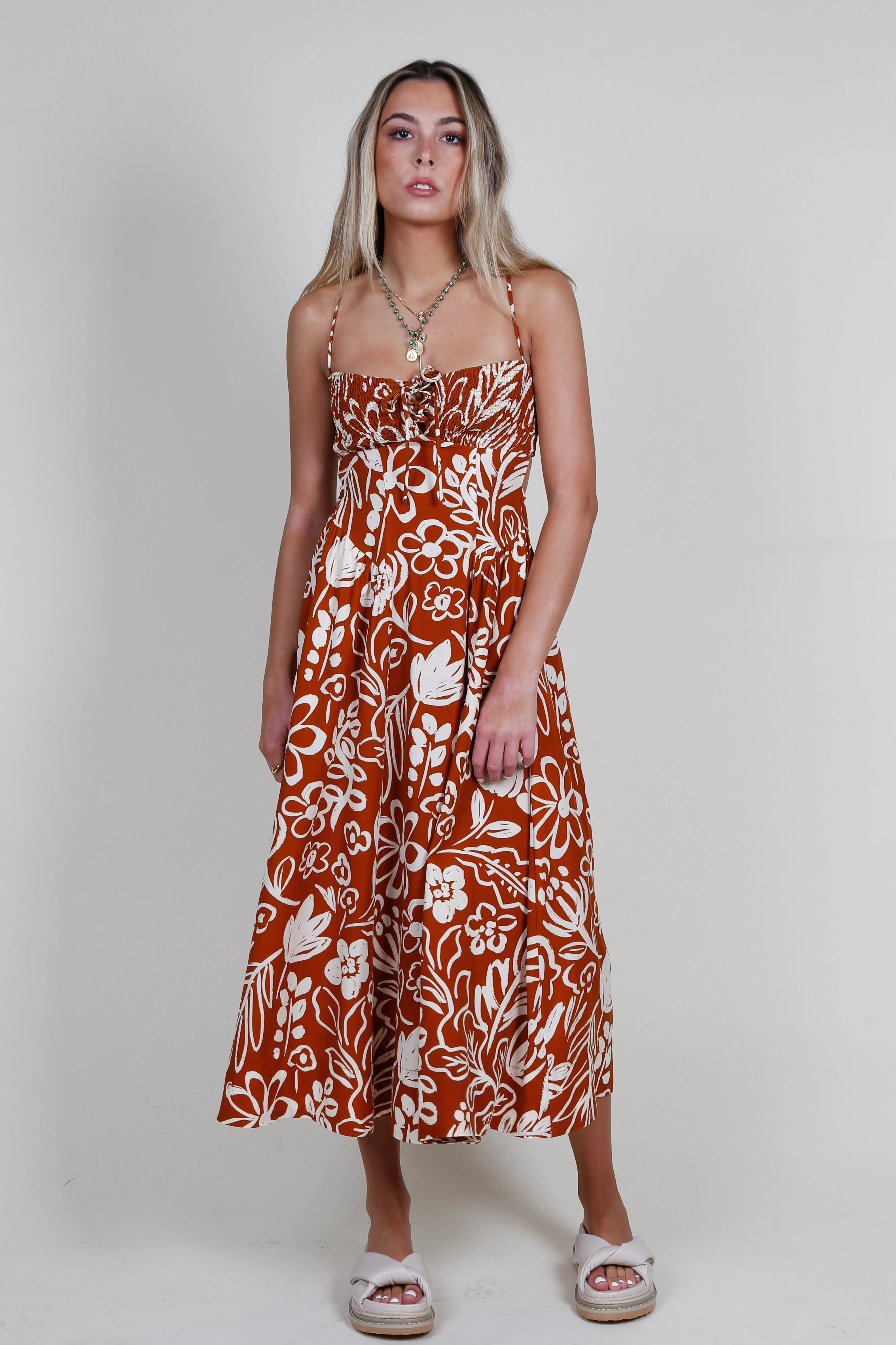 ASTR | Sarai Dress - Rust Silky Drape Light Shape