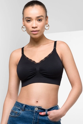 Padded Lace Trim Nursing Bra Lace Black Durable Material Stretchy Structure