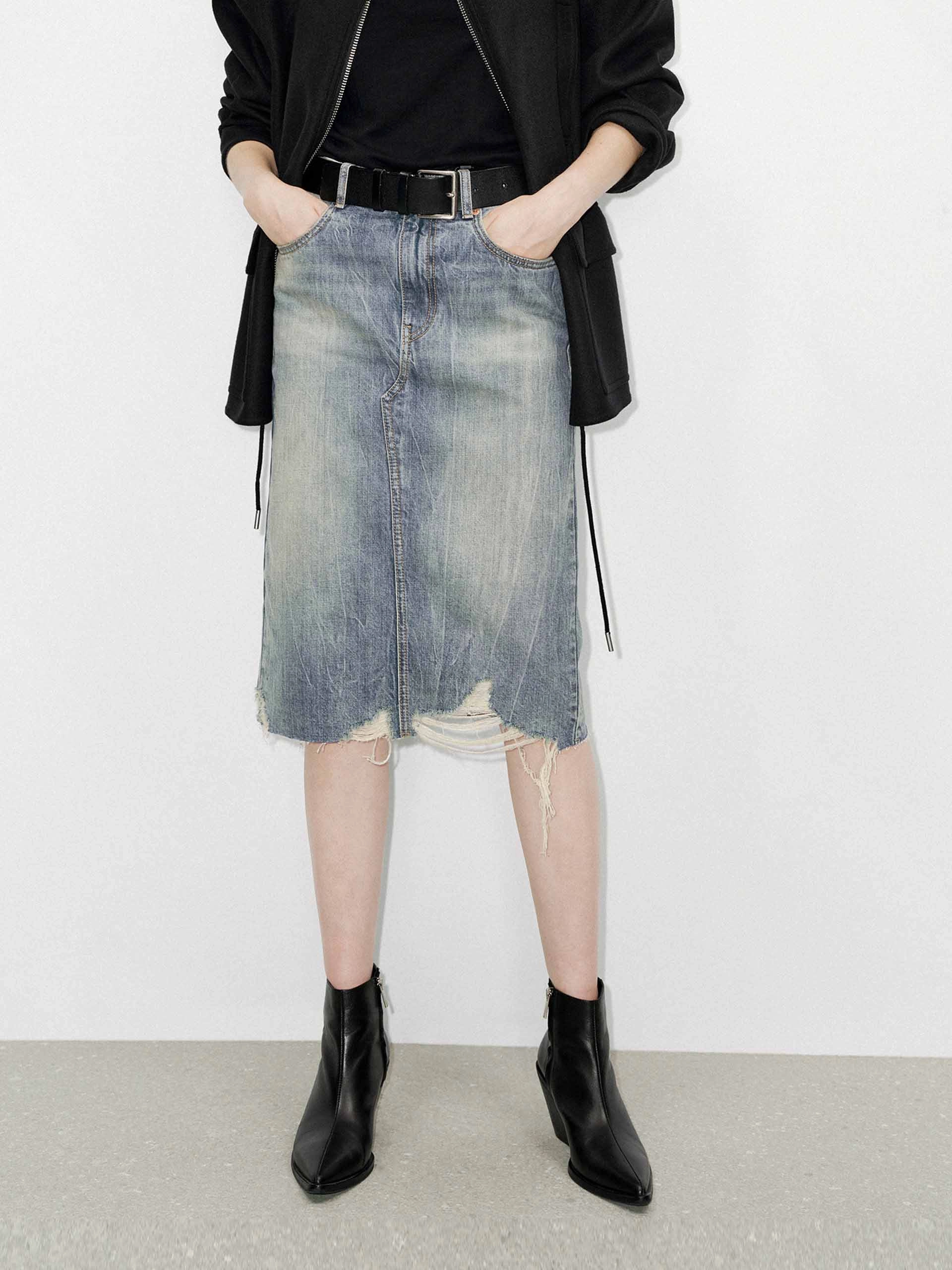 Back Slit Distressed Skirt Soft Palette Sustainable