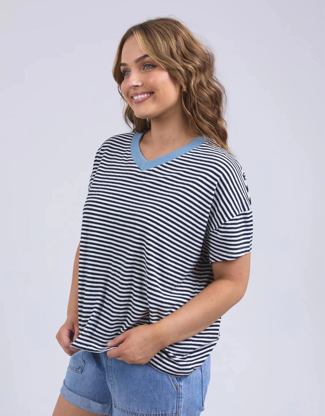 Seasonal Comfort Style Relaxing Day Liv Vee Tee - Navy/White Stripe