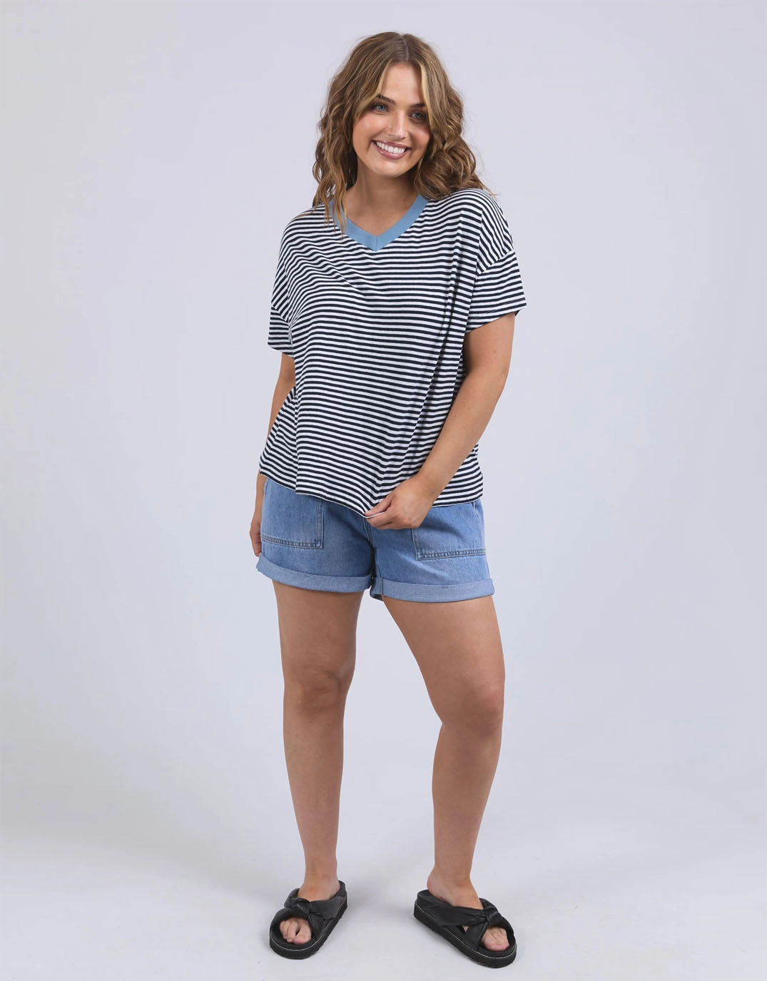 Fresh Trend oversized but not shapeless Liv Vee Tee - Navy/White Stripe