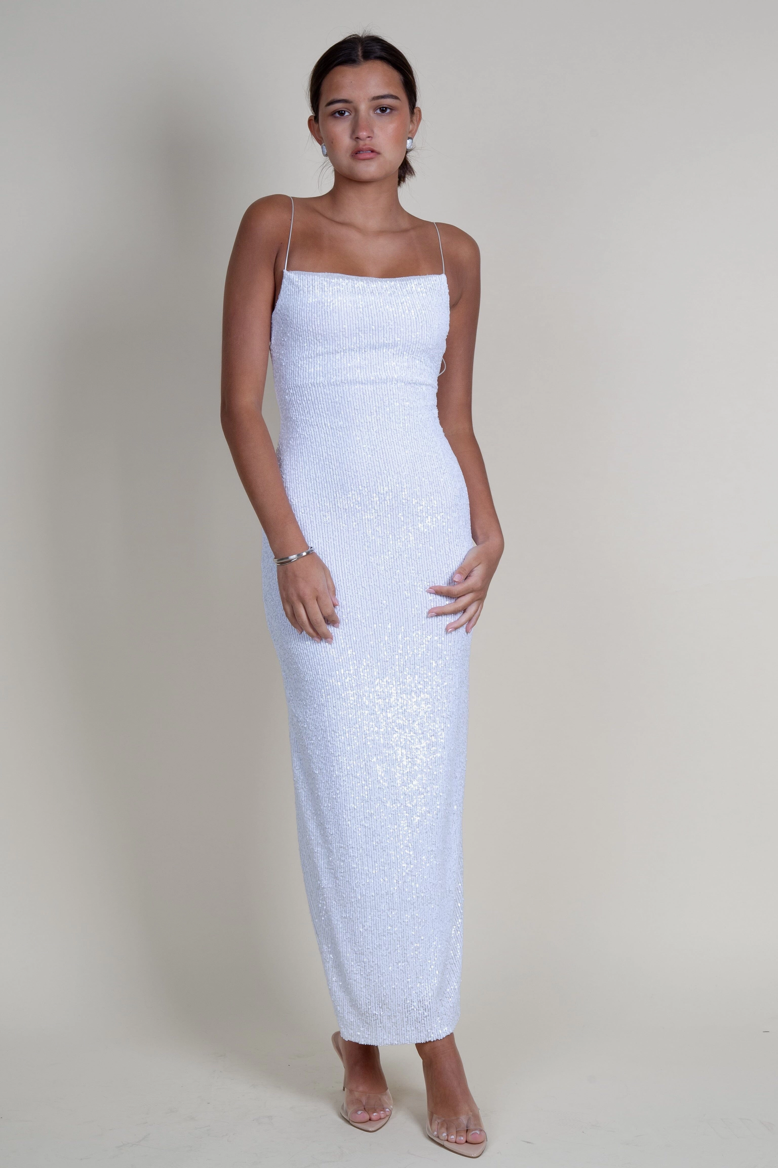 Lazy Pick Classic Design BEC   BRIDGE | Aaliyag Sequin Maxi Dress - White