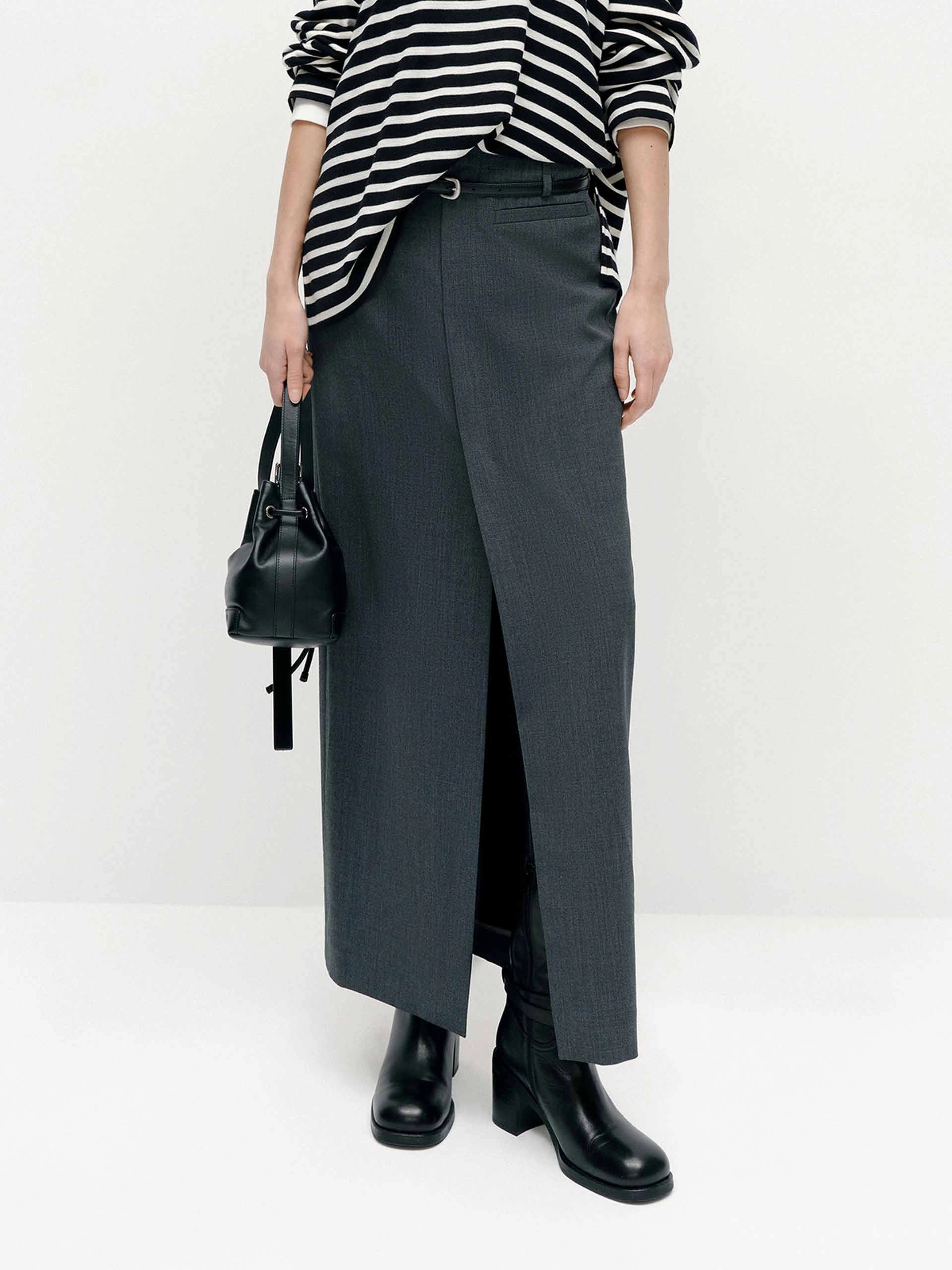 Velvet Finish Belted Front Slit Skirt