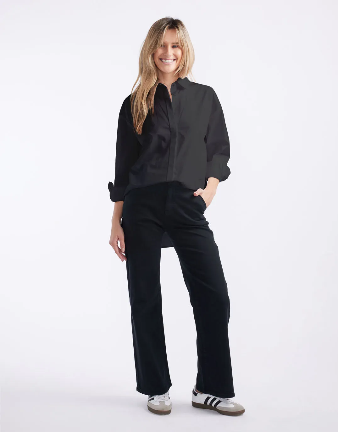 Multipurpose Utility Work From Home Oversized Scoop Hem Shirt - Black