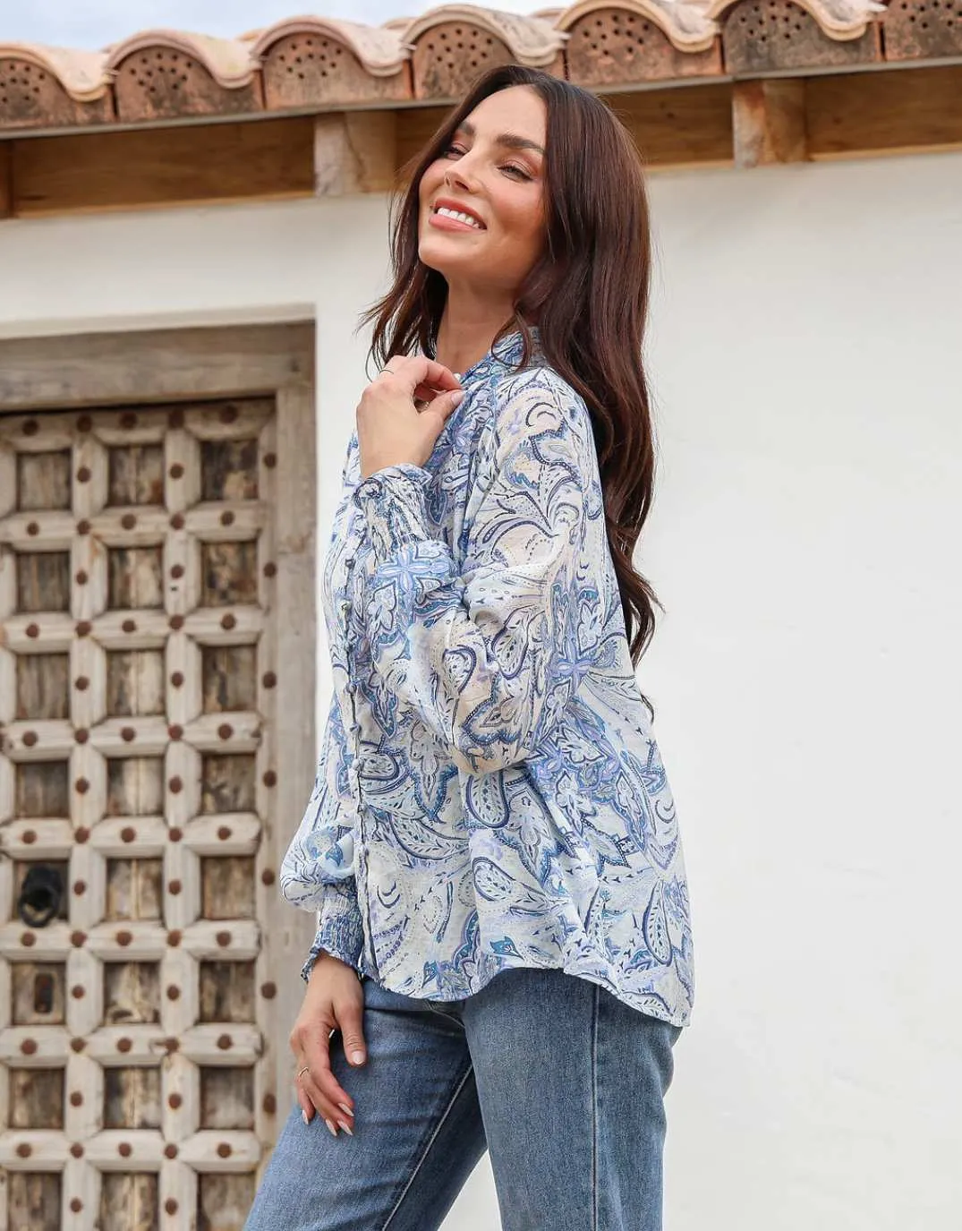 Dana Shirred Cuff Button Blouse - Blue Soft Touch Fabric Distressed finish