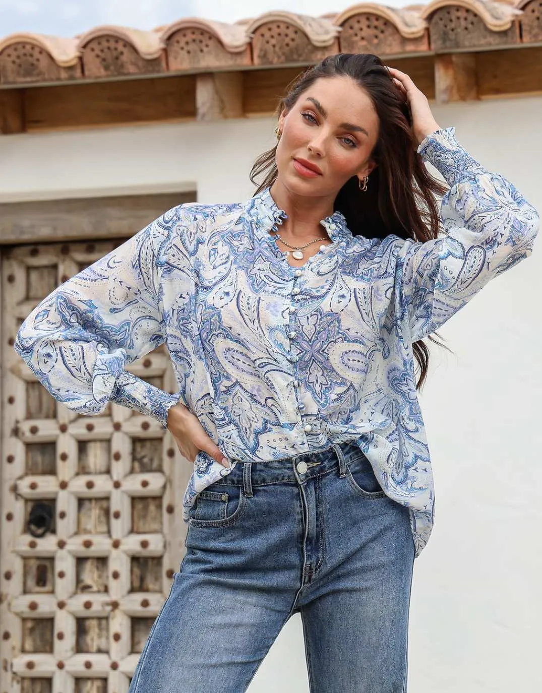 Dana Shirred Cuff Button Blouse - Blue Double Needle Hemming Winter Essentials