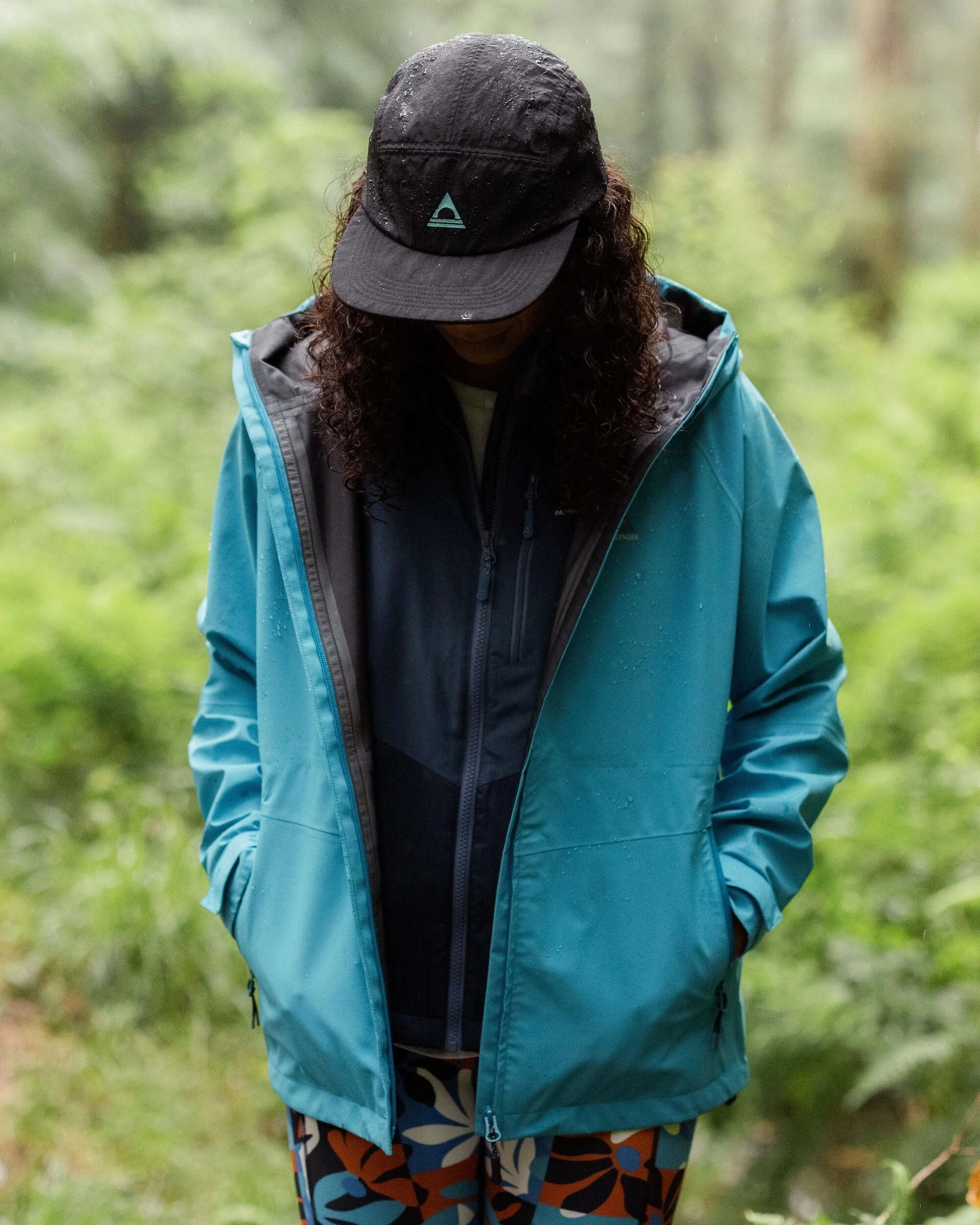 High Collar Style Five Element Recycled Waterproof Jacket - Bluejay