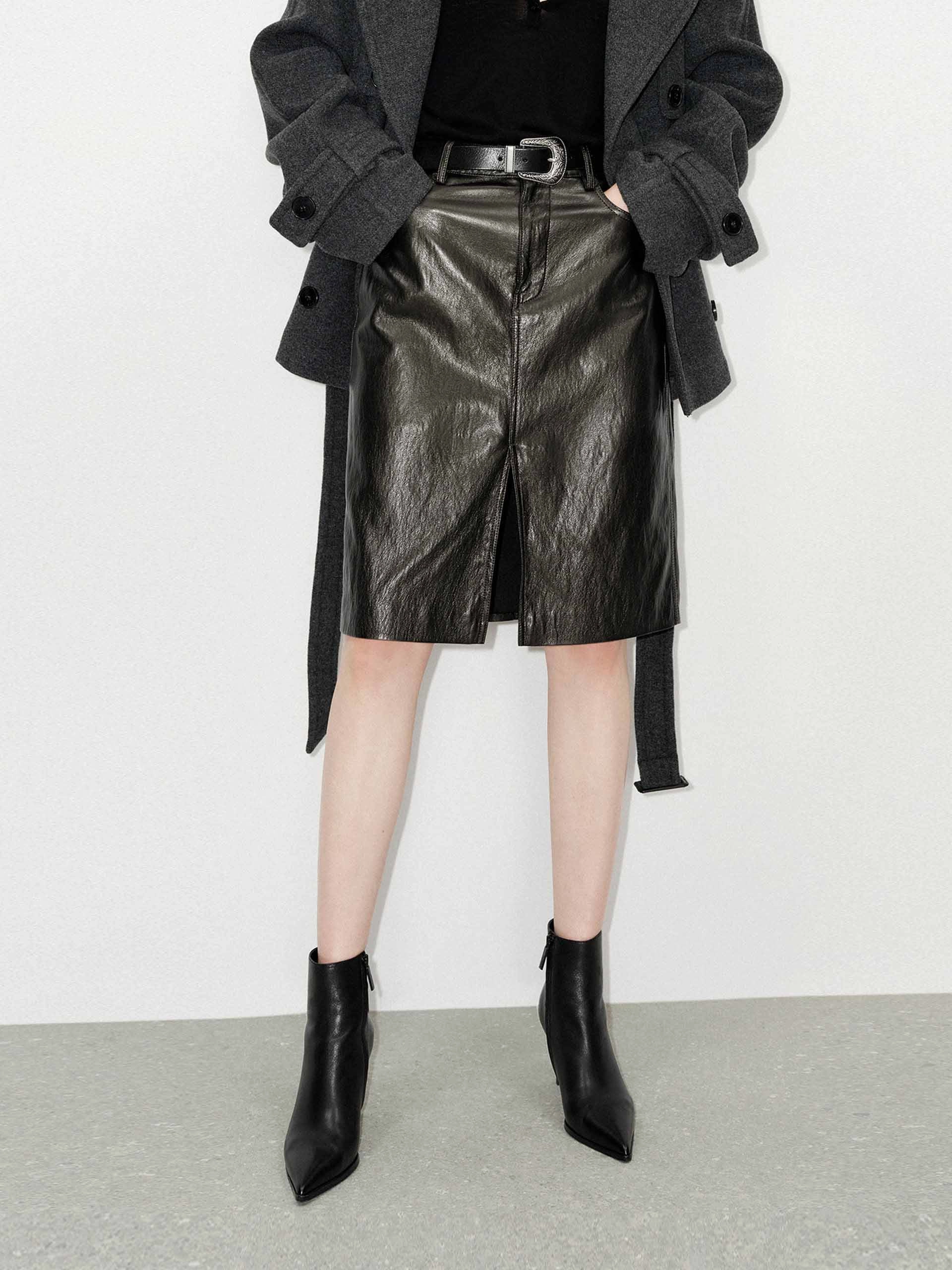 Front Slit Leather Skirt perforated design Tonal Layering