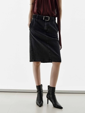 Black Denim Midi Skirt Split hem