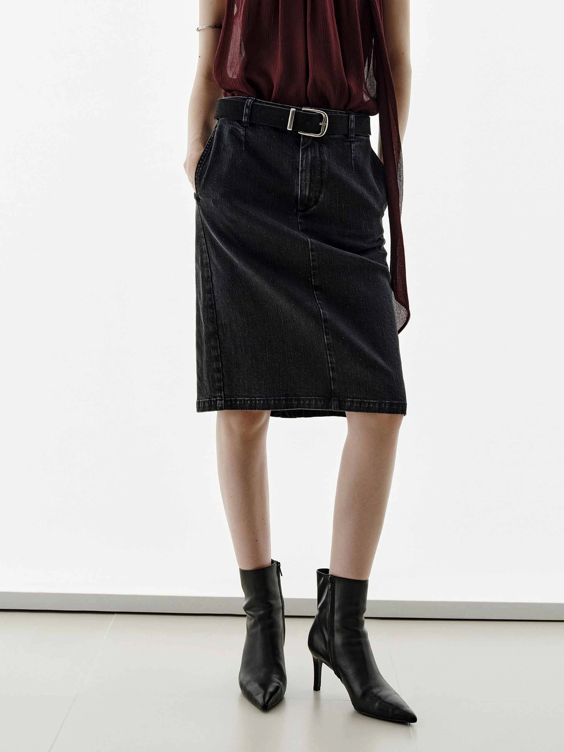 Black Denim Midi Skirt Split hem