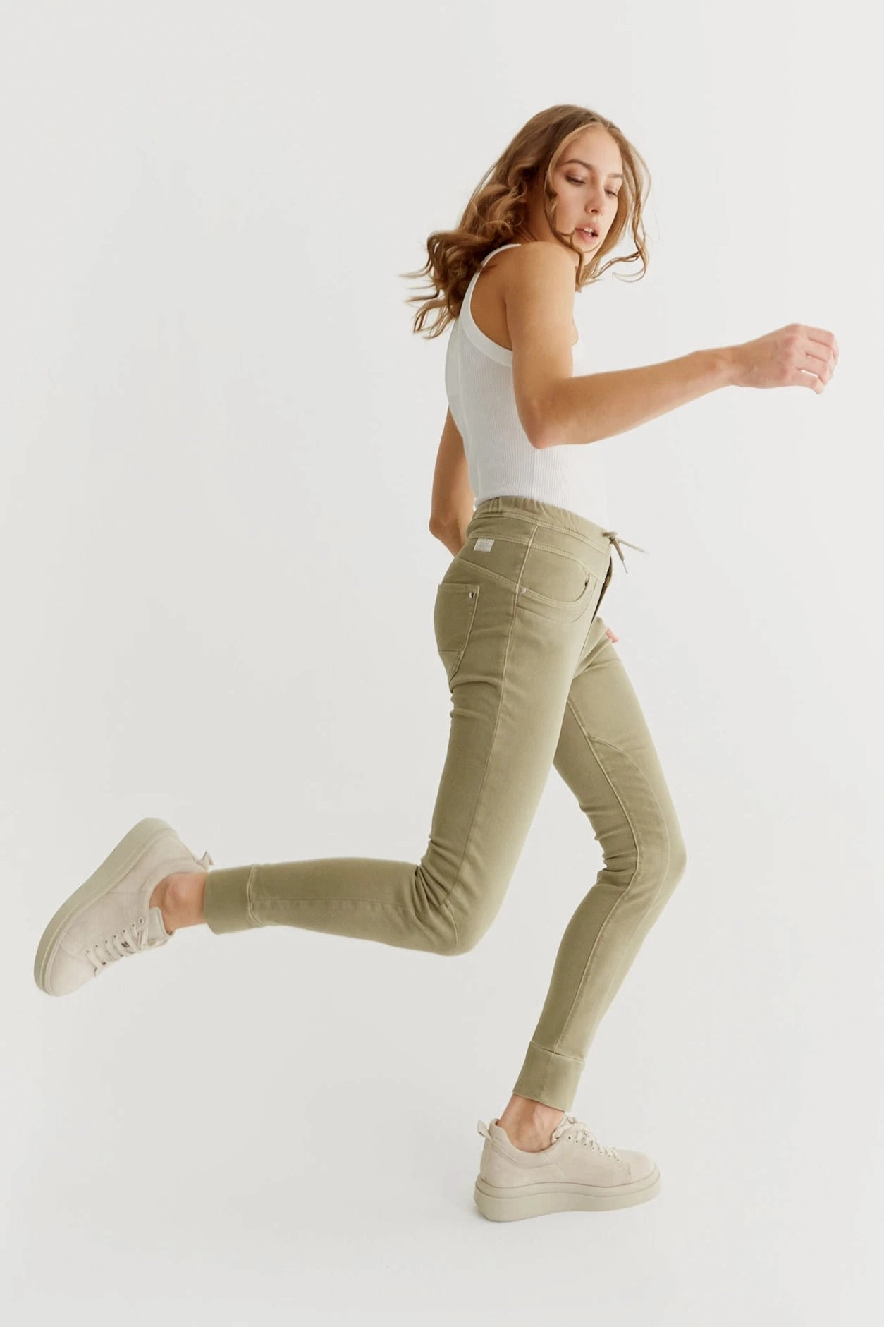 Button front Mid Rise Mila  Slim Jogger Pant - Light Khaki - 27" Inseam L01