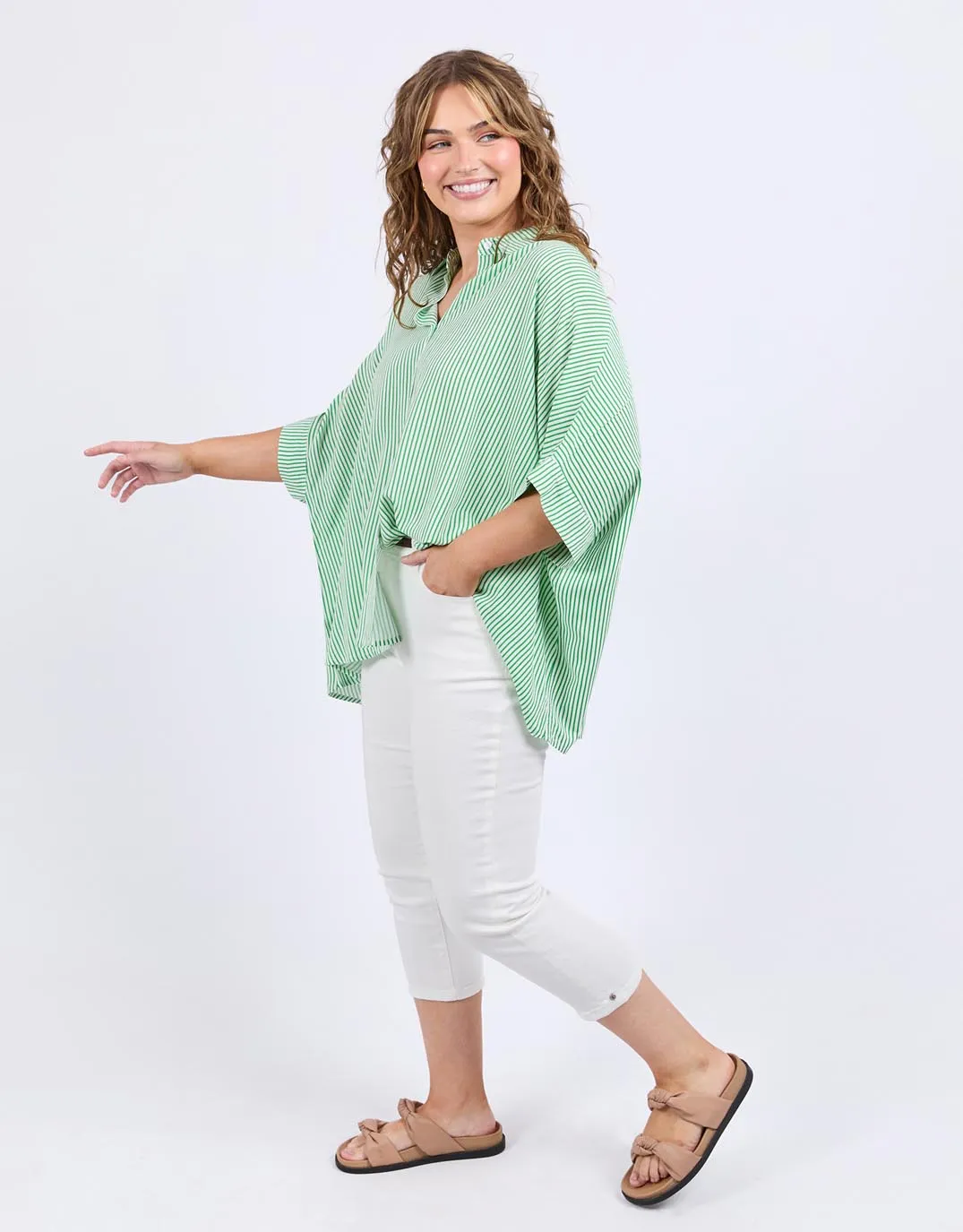 Smooth Cotton Blend Multipocket Style Luna Shirt - Spring Green/Marshmallow Stripe