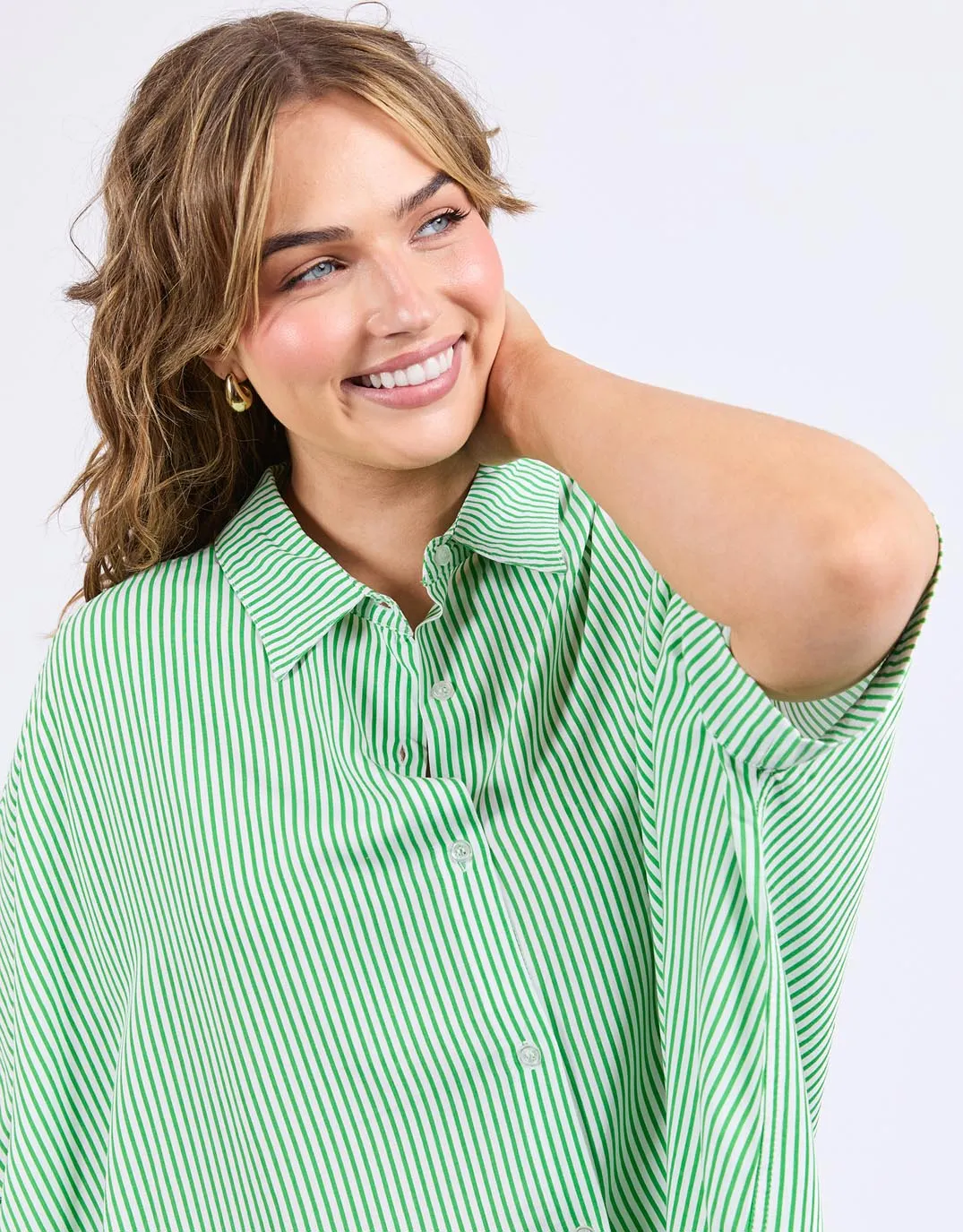 Luna Shirt - Spring Green/Marshmallow Stripe Team Building Hidden Button Placket