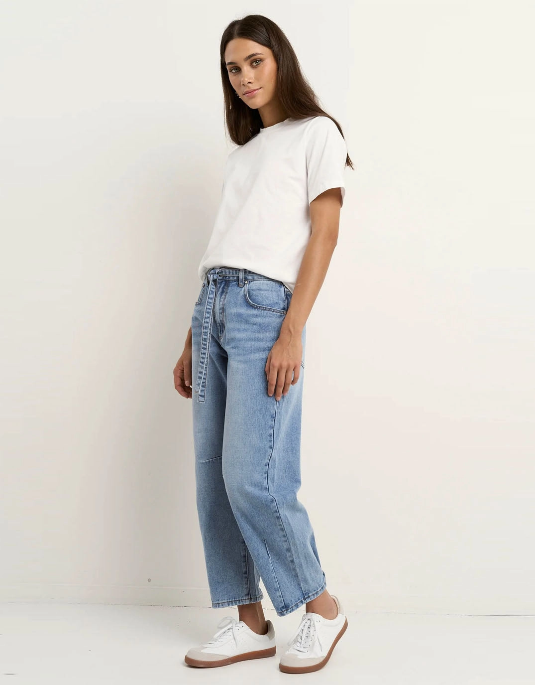 Campus Tie Waist Barrel Jeans - Light Blue Tailored Cut Work Meeting Casual