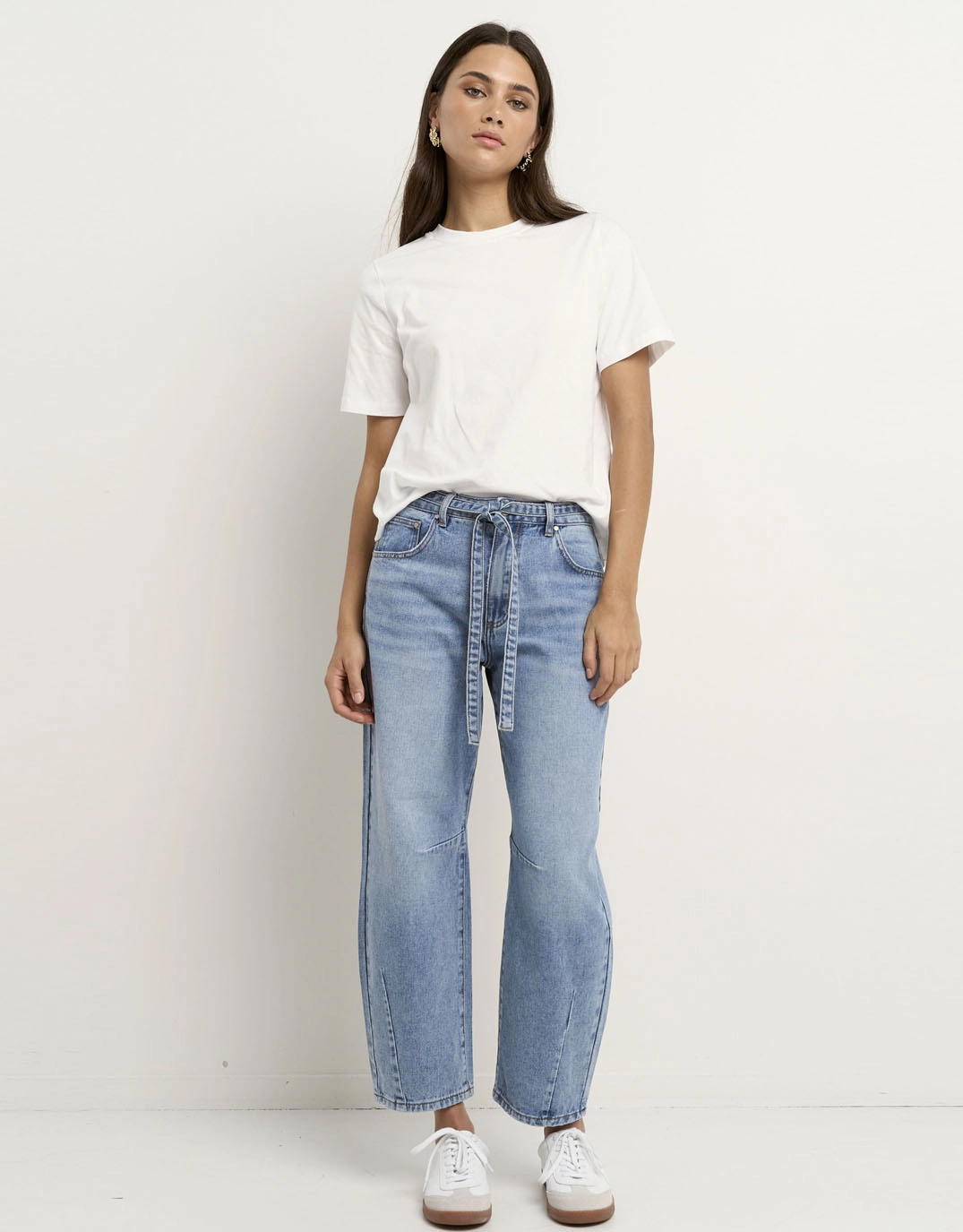 Fits Everyone Campus Tie Waist Barrel Jeans - Light Blue