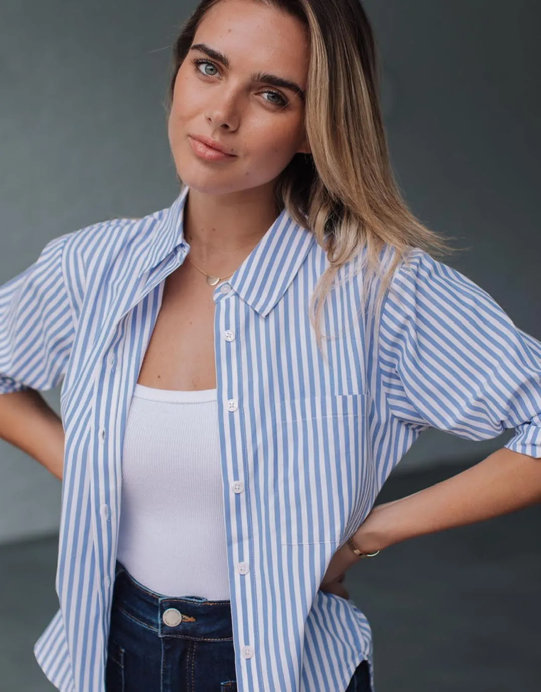 Comfortable Wear Romi Roll Tab Shirt - Blue/White