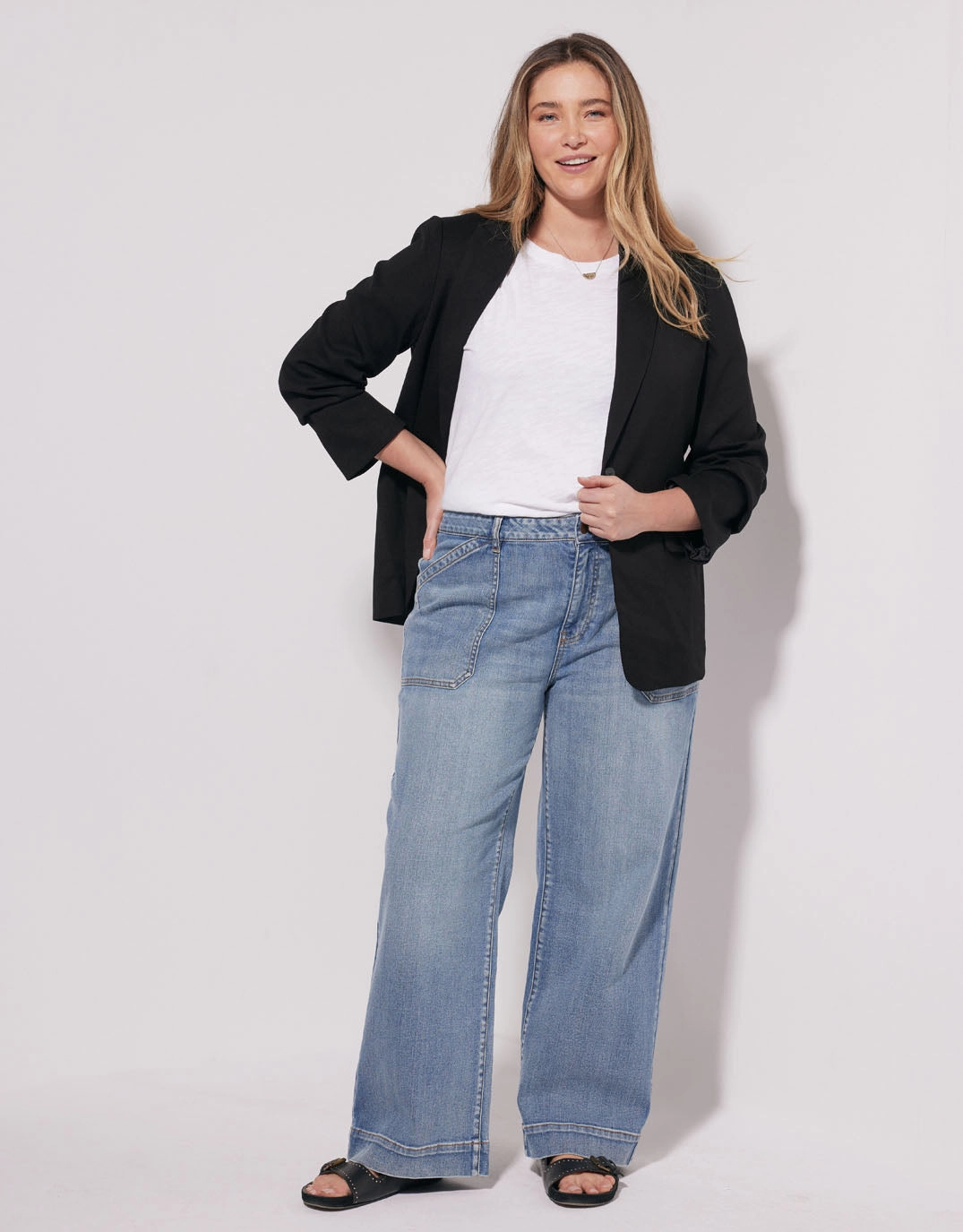 Catalina Wide Leg Jeans - Mid Wash Work Ready Neutral Anti Odor Fabric Treatment