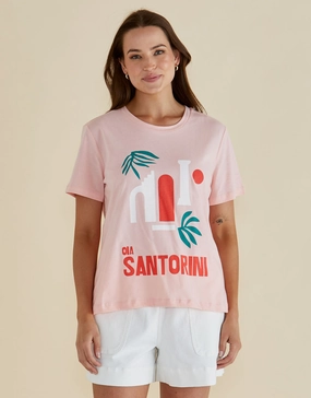 Casual All-Day Oversized Silhouette Ellia Crew Tee - Santorini Print Pink