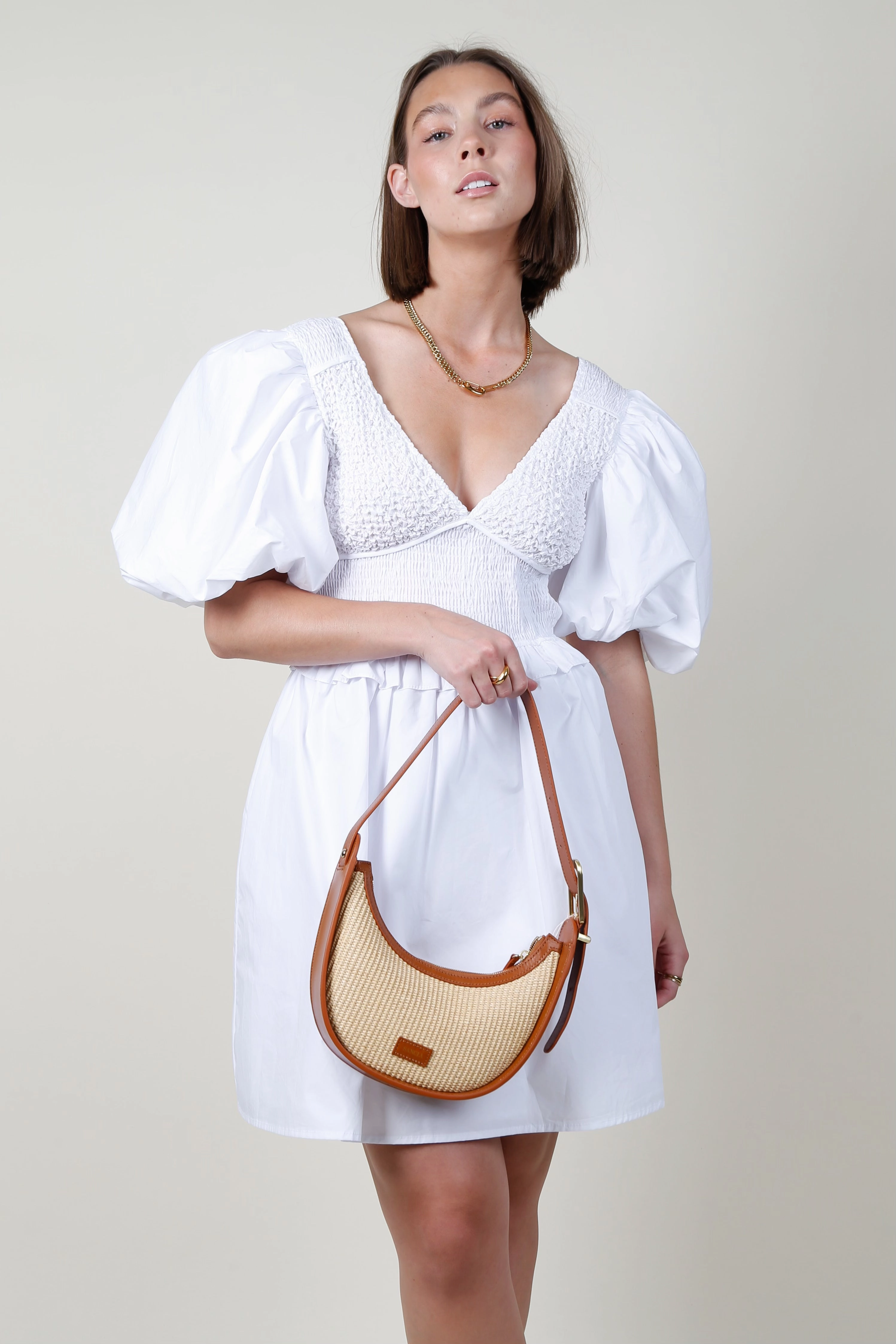 All-Purpose Comfort Unique Cut AUREUM | Smocked Puff Sleeve Mini Dress - White