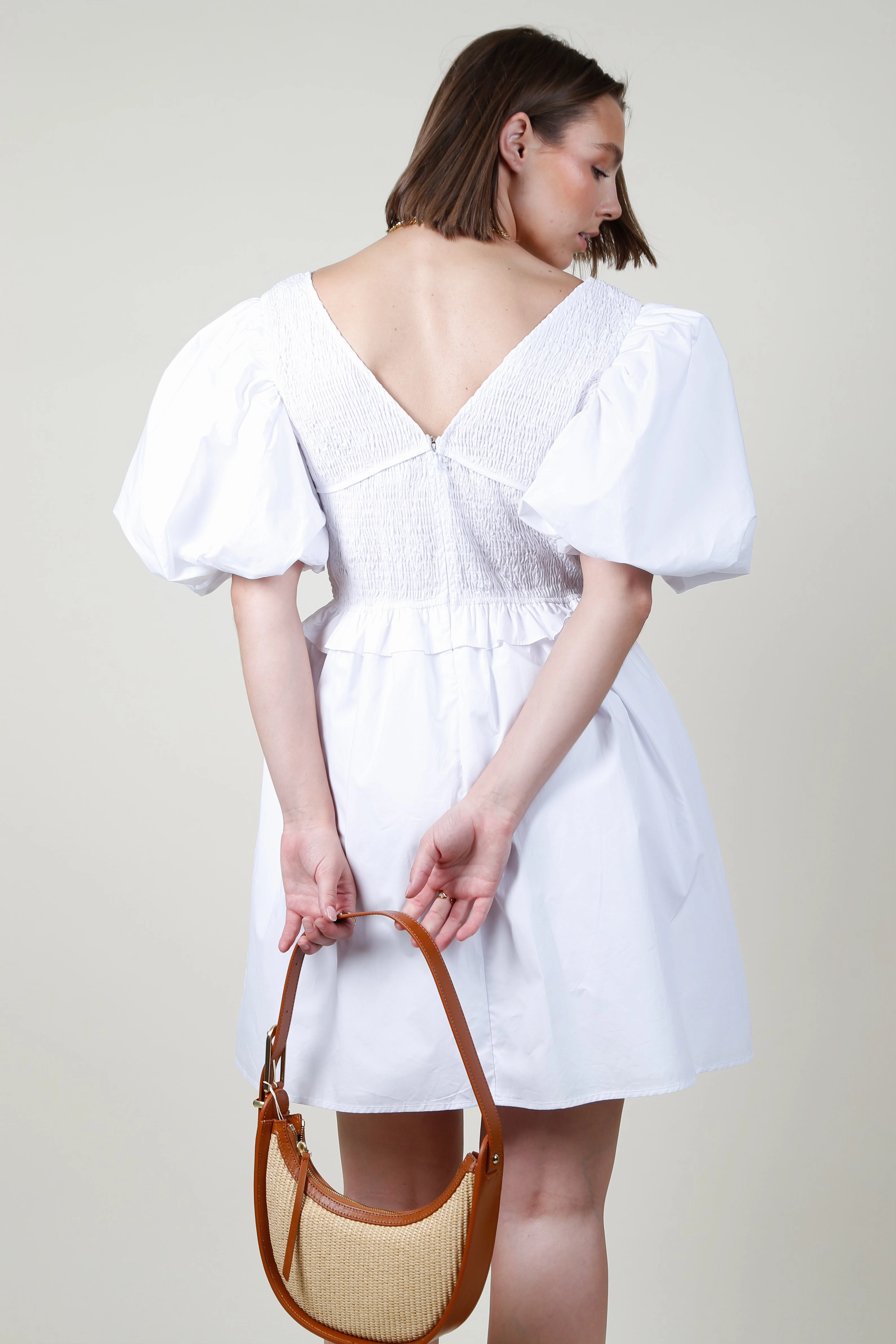 Pleated-Skirt AUREUM | Smocked Puff Sleeve Mini Dress - White