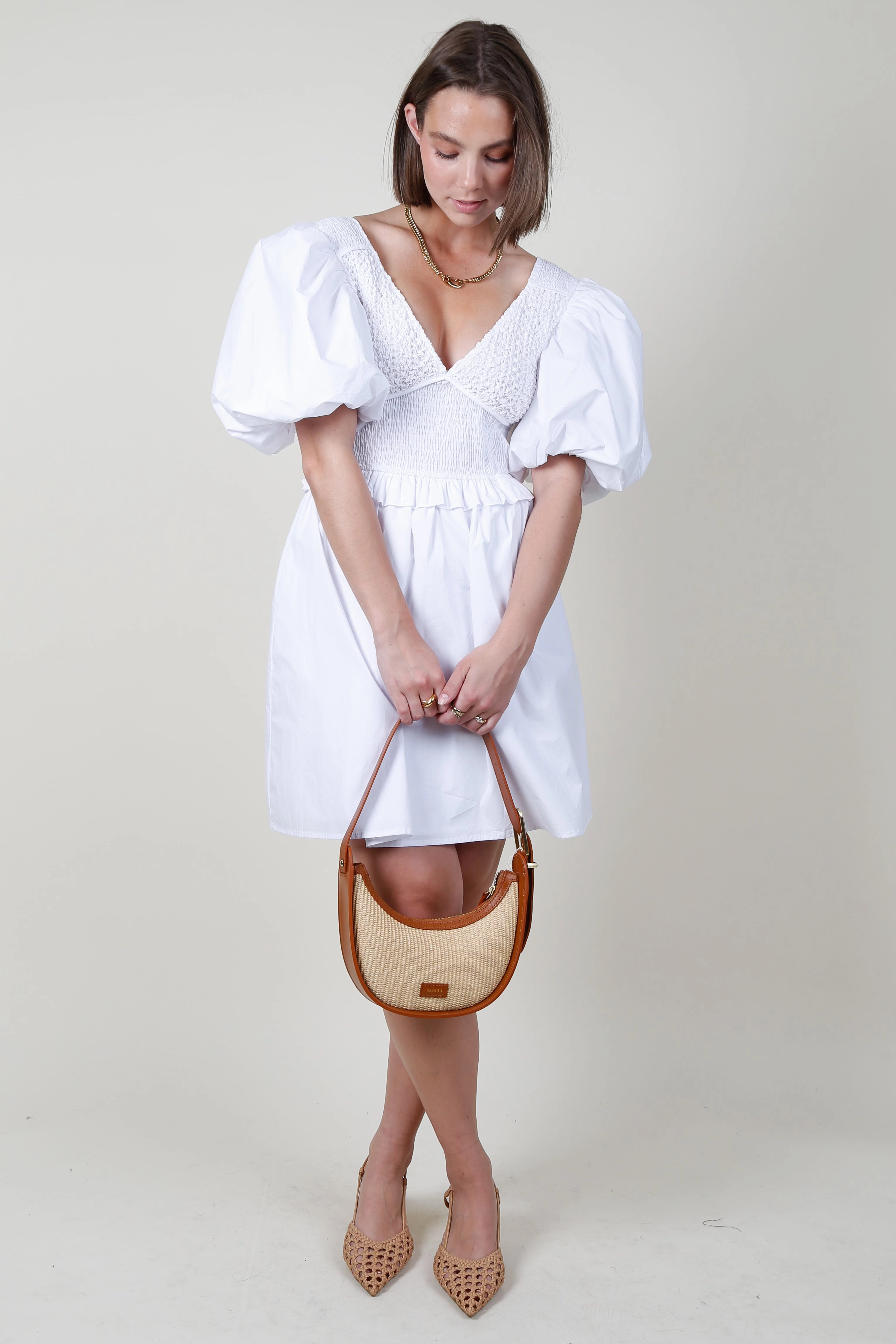 Chilly Weather Wear AUREUM | Smocked Puff Sleeve Mini Dress - White