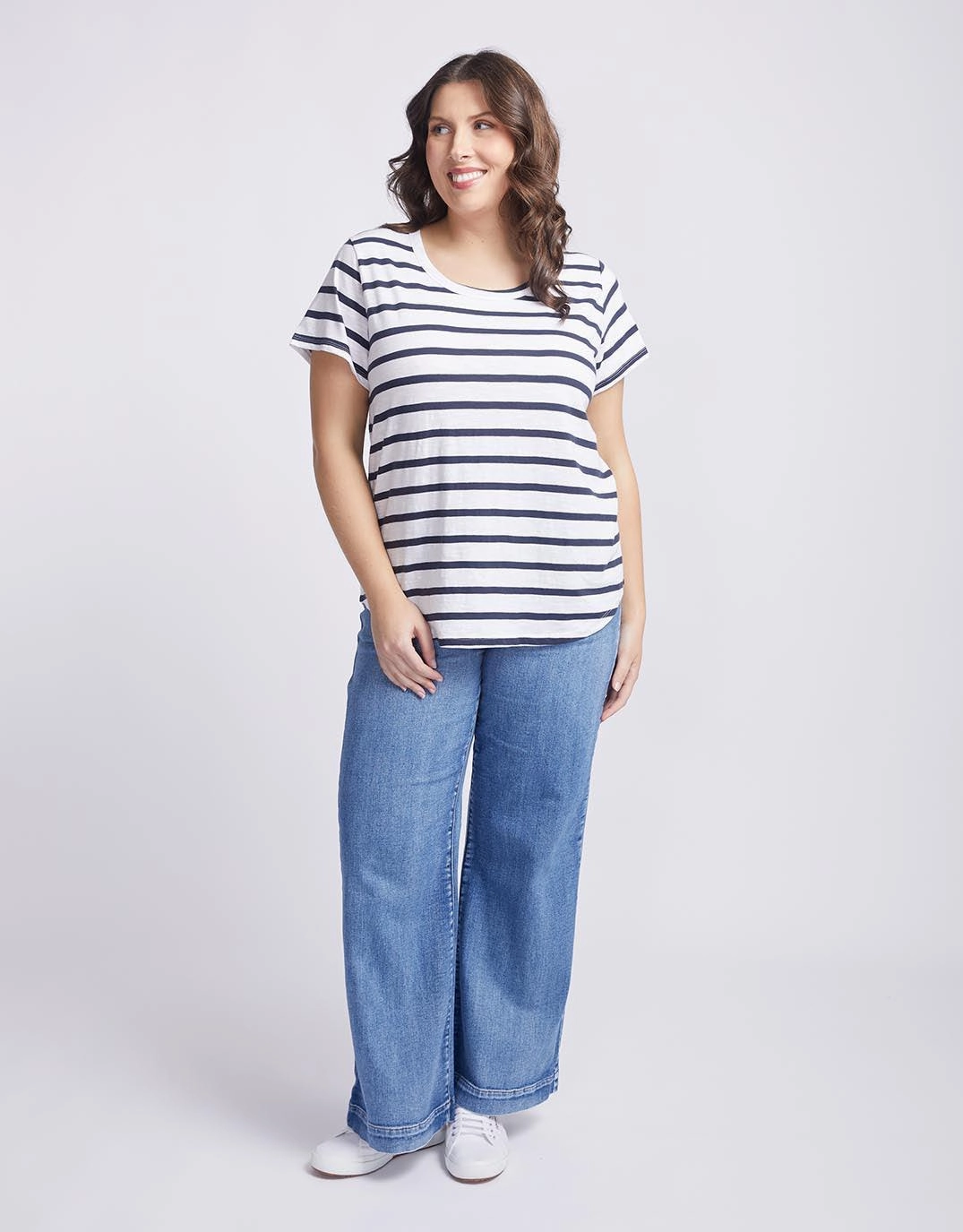 Original Round Neck T-Shirt - Navy/White Stripe Fun Style Garment Dyed Finish