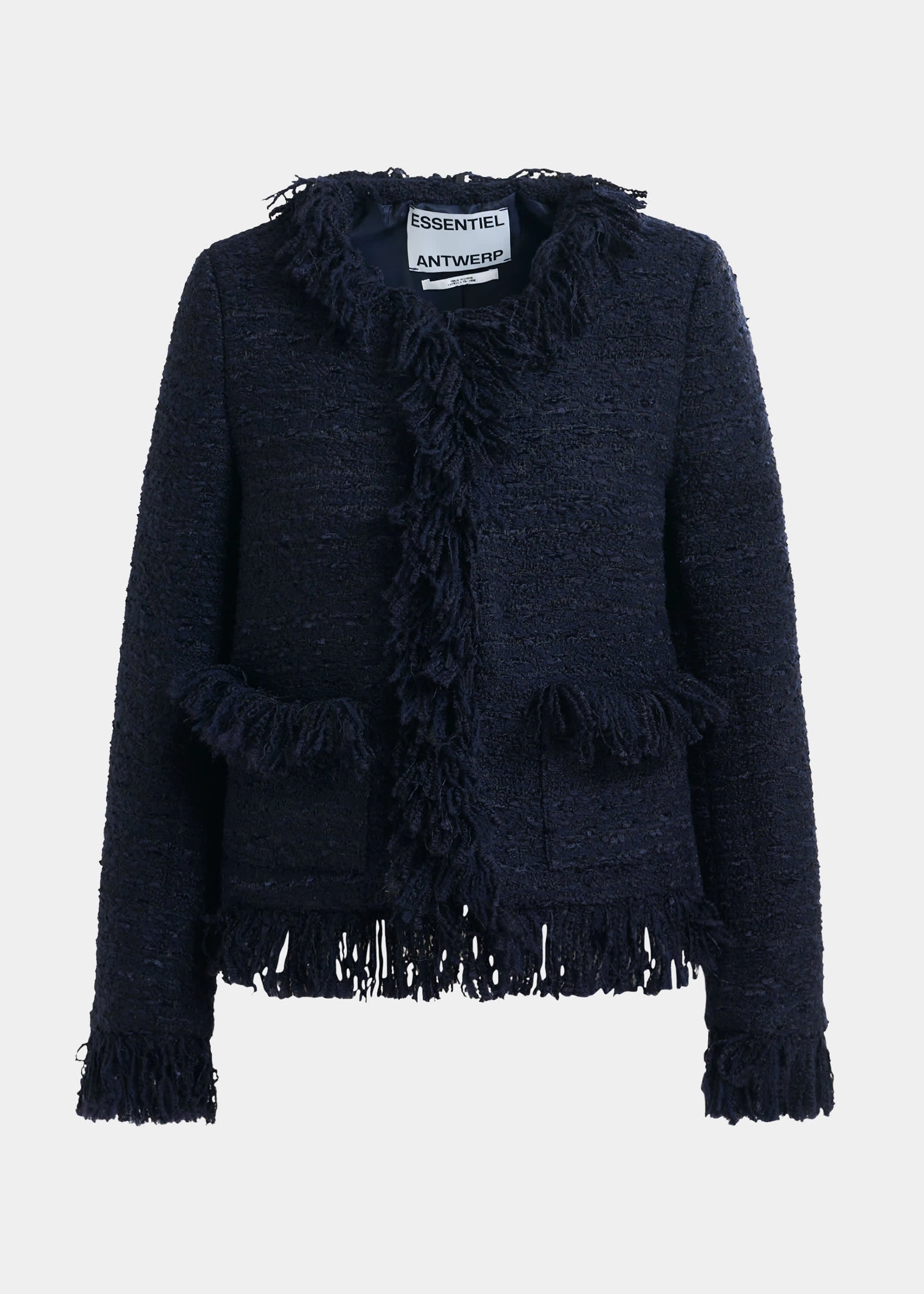 Frictionless Zipper Tracks Essentiel Antwerp Iskra Fringed Jacket in Navy