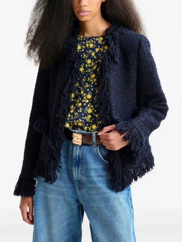 Essentiel Antwerp Iskra Fringed Jacket in Navy Temperature Regulating