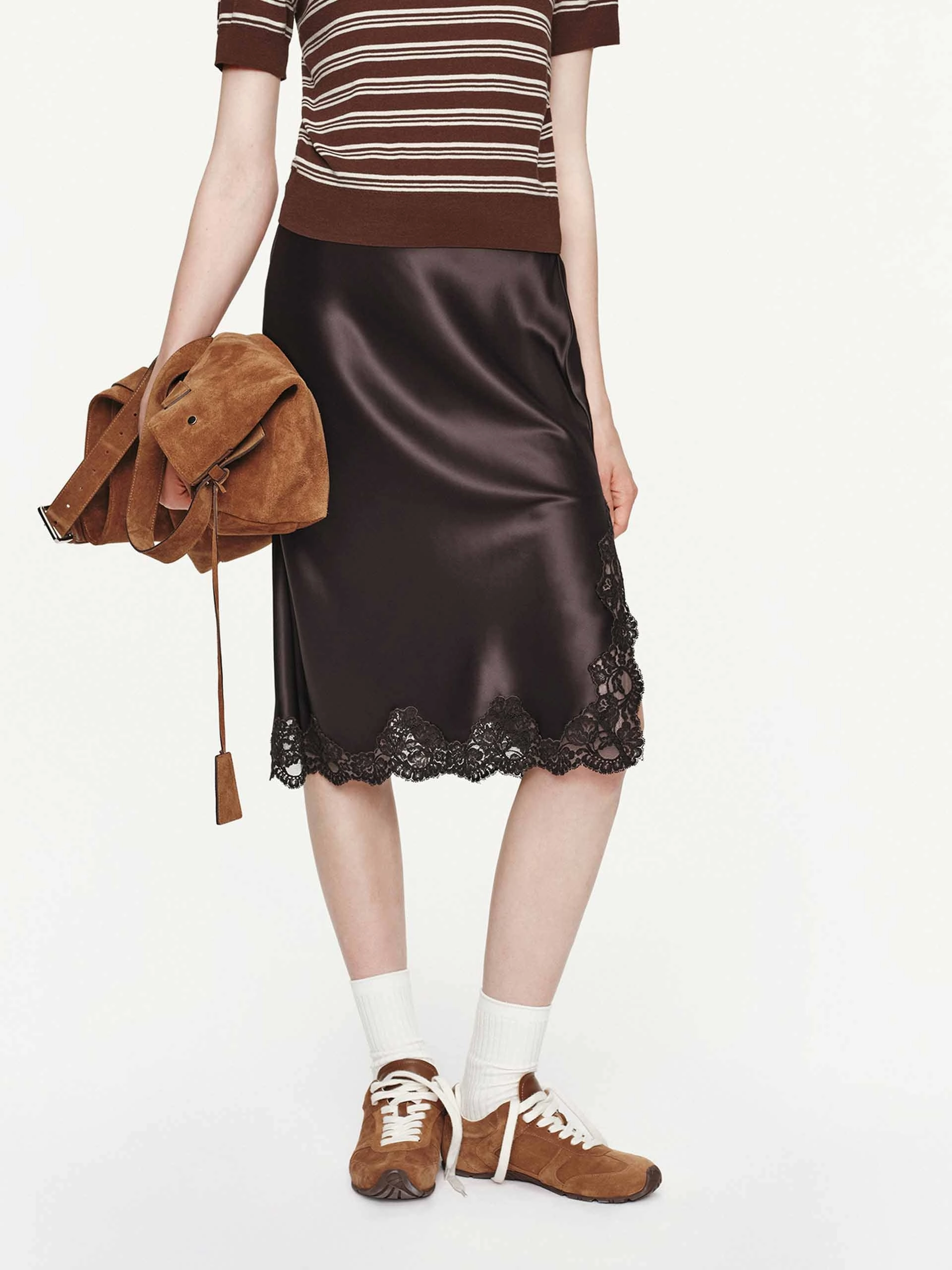 Lace Hem Satin Skirt Year Round Style