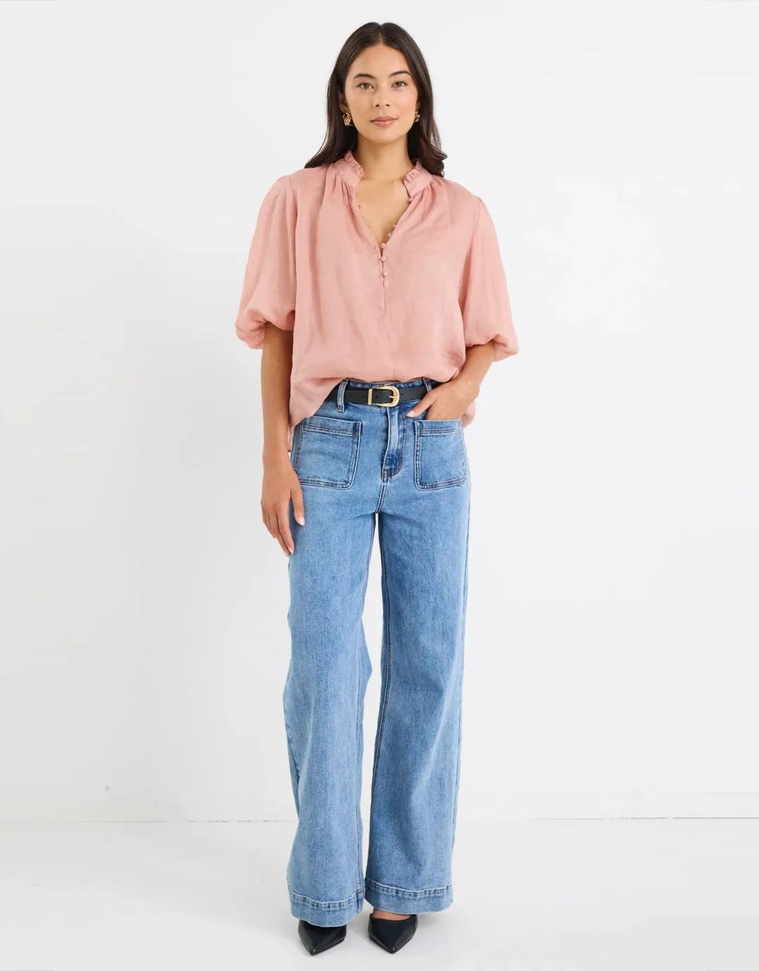 Double Stitched Seams Closure High Neck Buttoned Top - Blush
