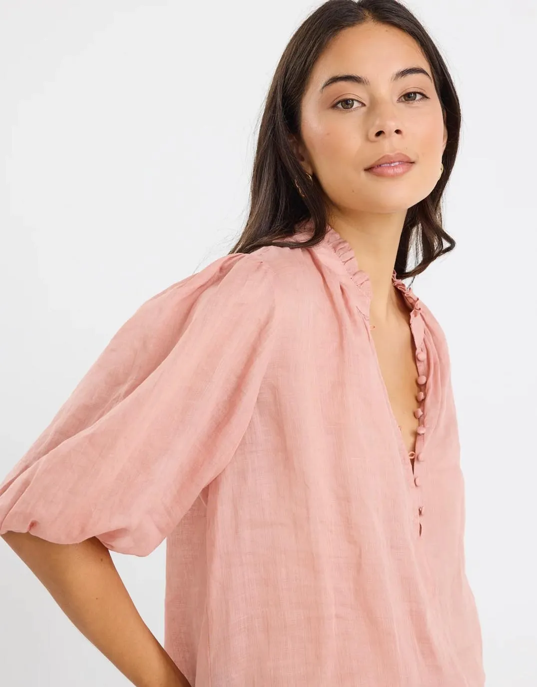 Closure High Neck Buttoned Top - Blush Embroidered Detail