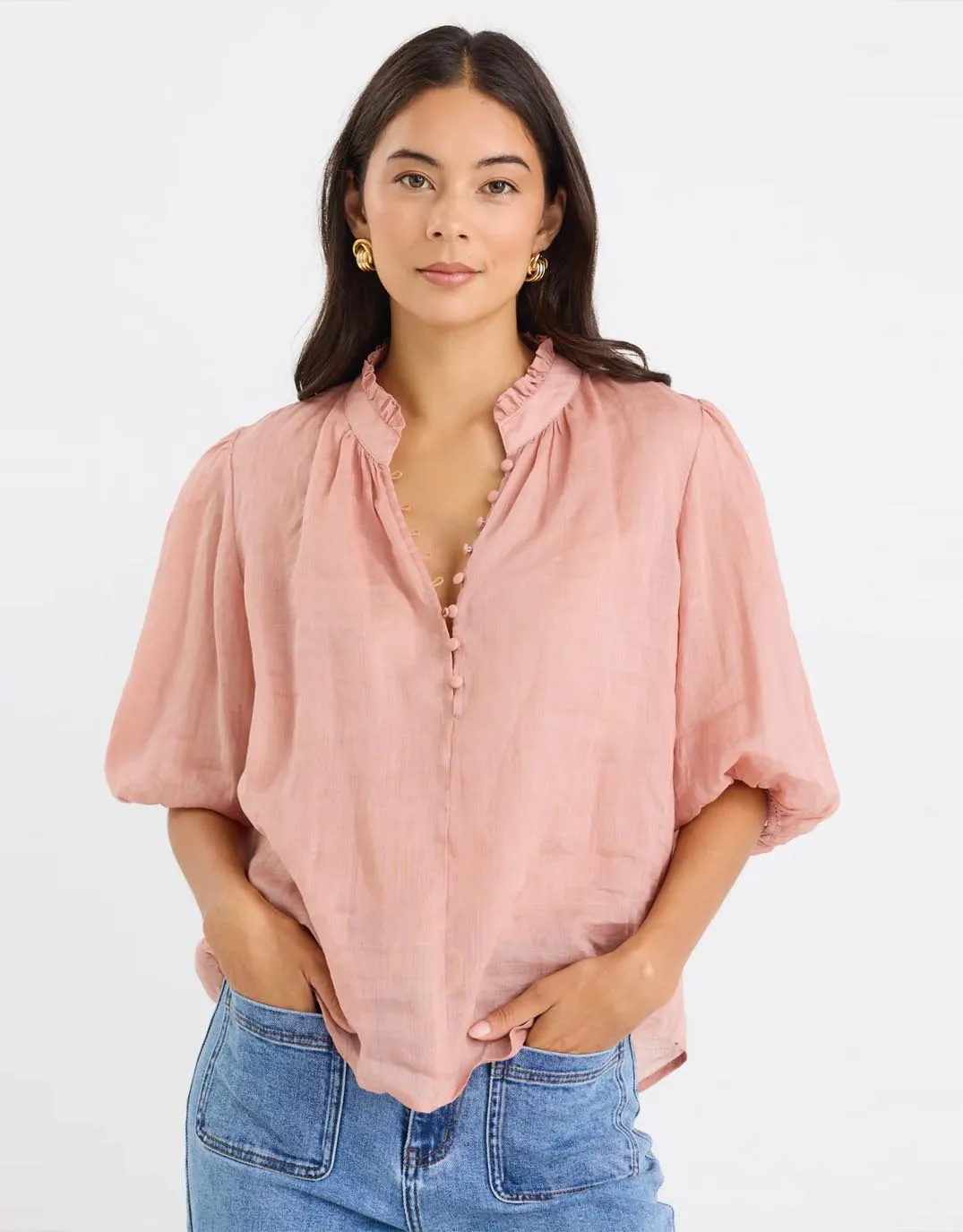 Microfiber Material Closure High Neck Buttoned Top - Blush