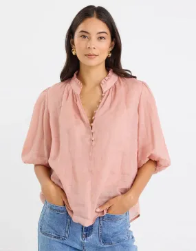 Microfiber Material Closure High Neck Buttoned Top - Blush