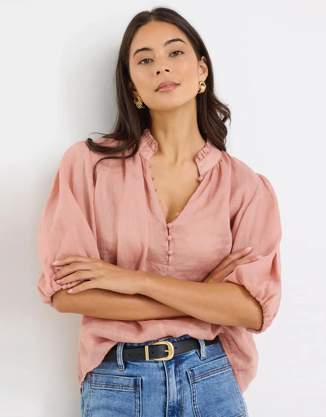 Animal Print Wardrobe Must-Have Closure High Neck Buttoned Top - Blush