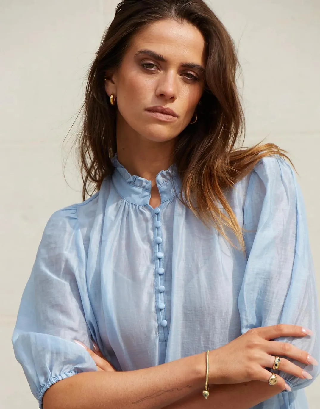 Classic Design Closure Sheer High Neck Buttoned Top - Pale Blue
