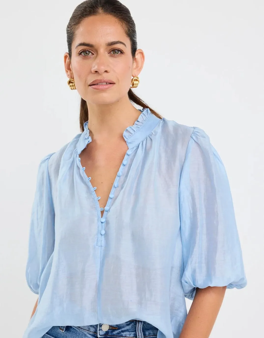 Stylish Element slim cut Closure Sheer High Neck Buttoned Top - Pale Blue