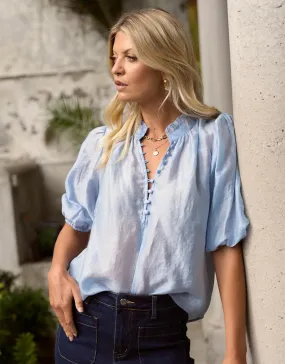 Closure Sheer High Neck Buttoned Top - Pale Blue No Bulk Layering System